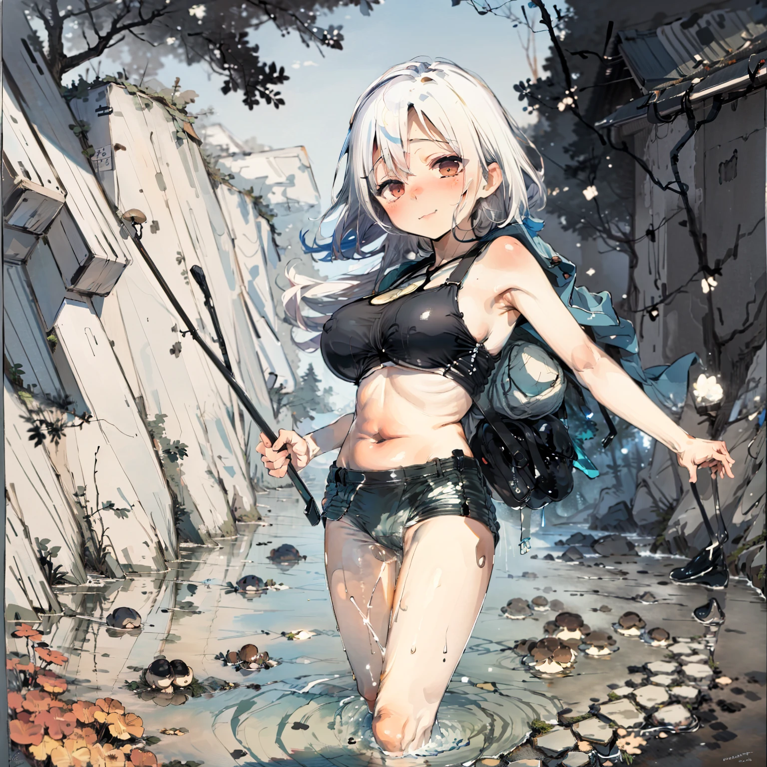 Simple drawing, Mushrooms and girls, huge boob,  From the side Side，Dancing，Watercolor illustration, Perfect anatomy, Masterpiece, Best quality, 1girll, Solo, (with short white hair:1.2),Nature, landscape，Outrageous resolution、A high resolution、(tmasterpiece:1.4)、ultra - detailed、1girl in、praying pose、pray、Tranquil lake、the woods、A happy expression、kindly smile、Face up、magia、serene、Floating hair、the space、比基尼、