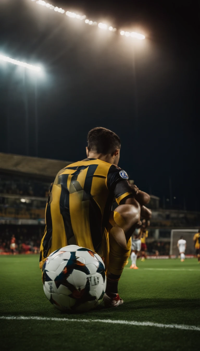 silheta jogador de futebol de costas, noite, cidade vista de cima, estadio de futebol da champions em no centro, muitas luzes