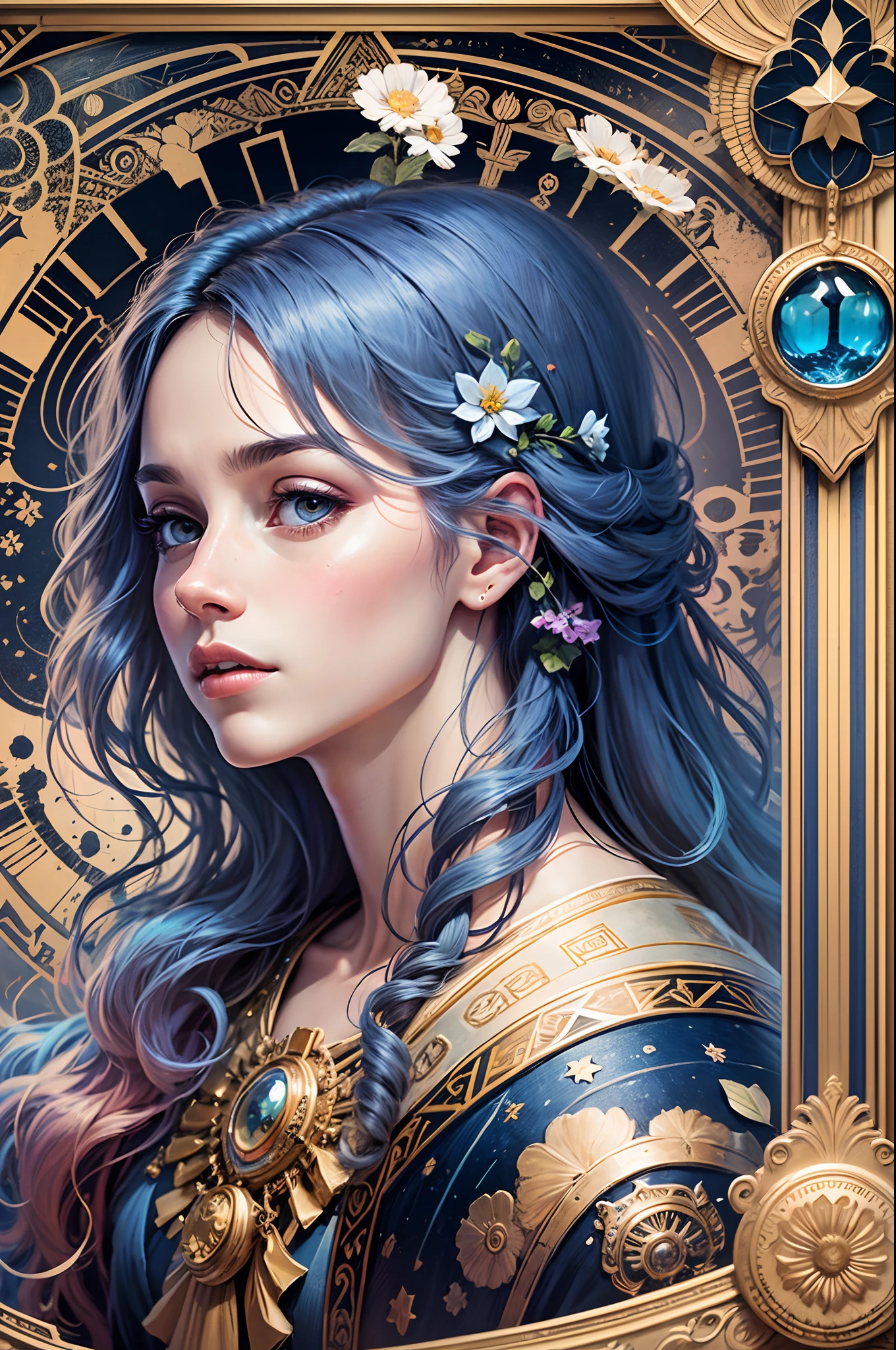 (flat color:1.1),(color:1.3),(masterpiece:1.2), best quality, masterpiece, Original, extremely detailed wallpaper, View viewer, bust of famous writer, Machado de Assis, floating colored water ，Tarot card layout，best quality, masterpiece,(realistic:0.6),realistic lighting,flower frame decorative panels，Artistic abstract，Alphonse Mucha （tmasterpiece，best quality，A high resolution：1.4），a detailed，Details complicated，4k，blue，line art，Fibonacci --auto --s2