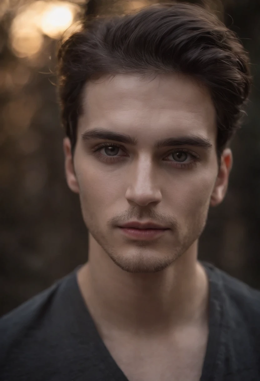 (best quality,fotorrealista),(Escuro,pressentimento) homem jovem, Man,olhos negros detalhados,longos cabelos pretos que lembram a noite,pale skin,Visible dark circles,corpo atletico, mas coberto de cicatrizes,Atmosfera sinistra,gothic aesthetic,nightmare appearance,olhar intenso,Aura misteriosa, postura sinuosa e tensa,dramatic shadows and lighting,vivid contrast between light and dark,hint of danger,atmosfera encantada, barbara mal feita, barban curta
