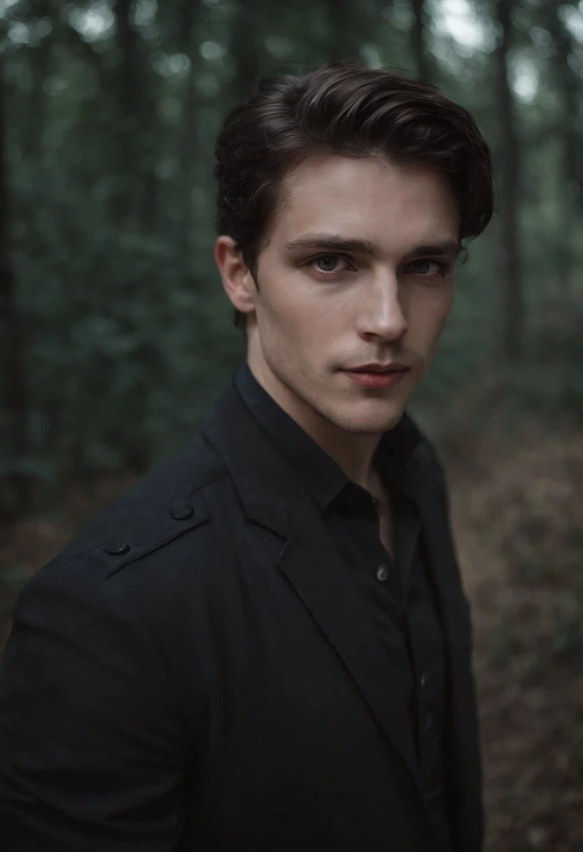 (best quality,fotorrealista),(Escuro,pressentimento) homem jovem, Man,olhos negros detalhados,longos cabelos pretos que lembram a noite,pale skin,Visible dark circles,corpo atletico, mas coberto de cicatrizes,Atmosfera sinistra,gothic aesthetic,nightmare appearance,olhar intenso,Aura misteriosa, postura sinuosa e tensa,dramatic shadows and lighting,vivid contrast between light and dark,hint of danger,atmosfera encantada, barbara mal feita, barban curta