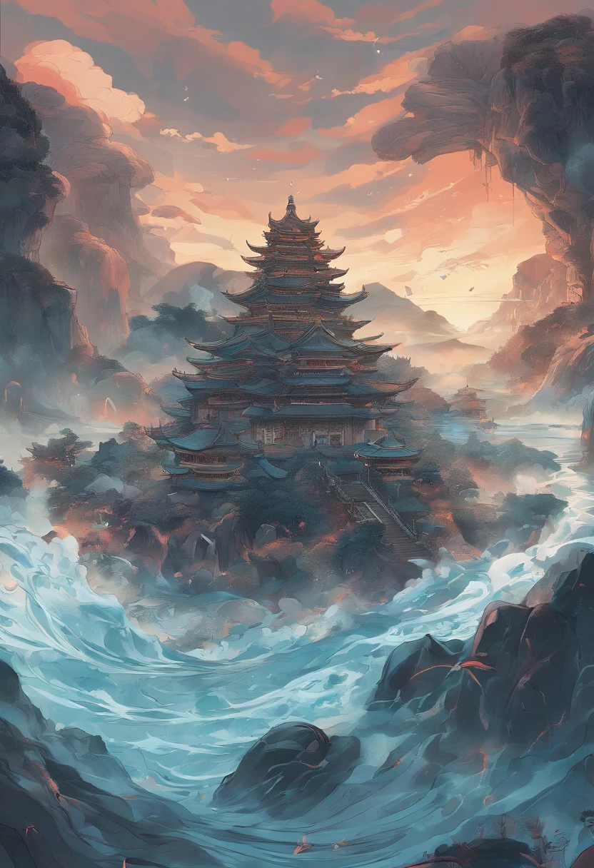 China-style，Chinese mythology，Dragon turtle，faucet，Angular，Turtle body，Heavy tortoiseshell shell，The tail of the snake grows out，has horns on its head，tosen，Ferocious，gargantuan，The eyes glow blue light，the sea，Huge waves，surrounded by cloud，中景 the scene is，Full body like， highly detailed surreal vfx，oc rendered， - AR 16:9 --q 2 --s 1000