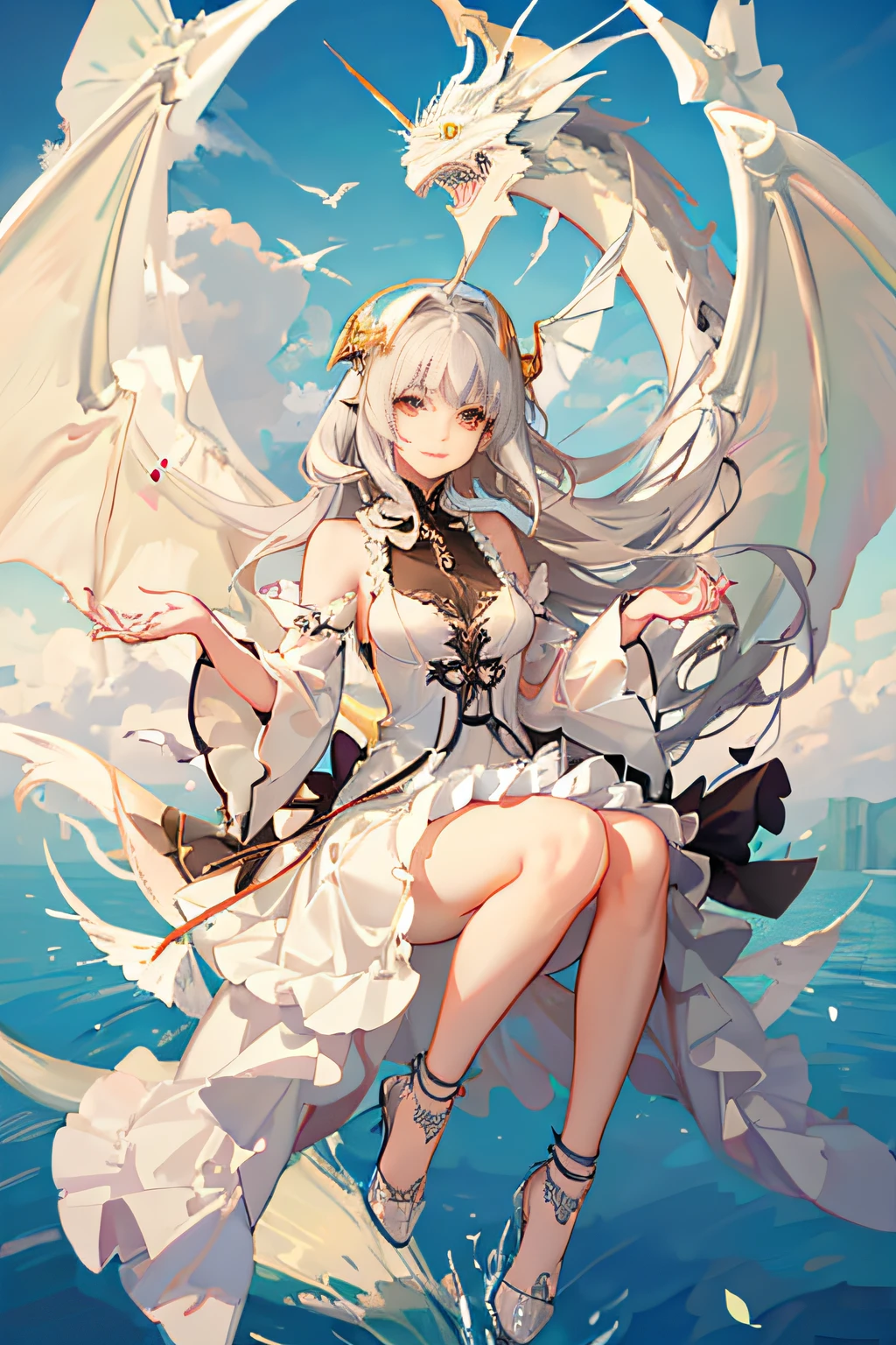 (Sheer and revealing white fluffy outfit:1.3, ),(Angel with glass wings floating on lake:1.3), (Glass Dragon Behind:1.3),Glossy light brown and orange striped shorthair,Cute smile,Perfect round face,A cheerful smile that makes the viewer happy,Proper body proportion,masutepiece,Super high-quality output images,hight resolution,Intricate details,Hair fluttering in a very delicate and beautiful wind,photos realistic,Dreamy,Professional Lighting,realistic shadow,Solo Focus,Beautiful hands,Beautiful fingers,Detailed finger features,detailed clothes features,Detailed hair features,detailed facial features,(Ghibli style:1.3)