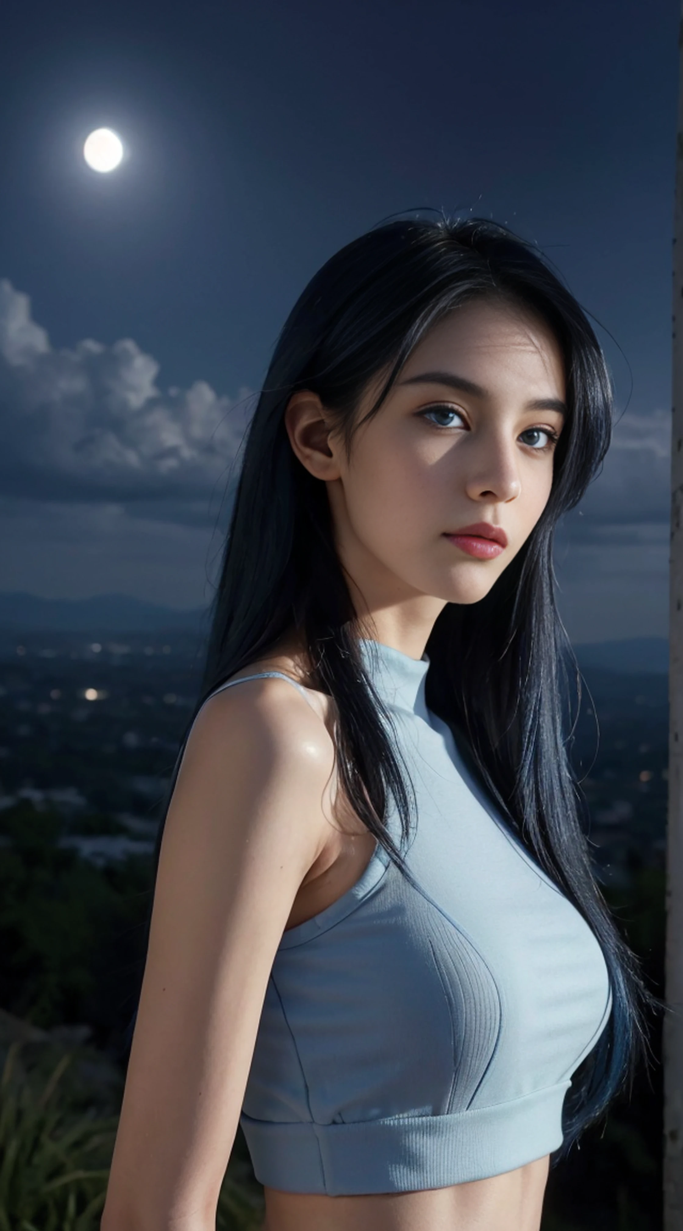 8K, Top Quality, Intricate Details, Ultra Detail, Ultra High Resolution, Masterpiece, looking back , Slender, Smile, (Makeup: 0.4), (Fluffy Blue Eyes: 1.21), blue Eyes,, ((full body)), 1girl, solo, 1 girl, (( full body)), shot from behind, close-up shot, standing , , ((tall)), (((fit body))), (((slim face))), sharp face, sharp eyes,(((blue hair, extra long hair , )) (detailed face), sharp face, small lips, thin lips,
(( Crop top )), detailed face, detailed breast, , large breast, detail, , Beautiful girl with accentuated slender abs: 1.4, Six Pack Abs: 1.4, Bust Botox, Big, Perfect Body, detail leg, (( moonlight)), cloudy, top of mountain