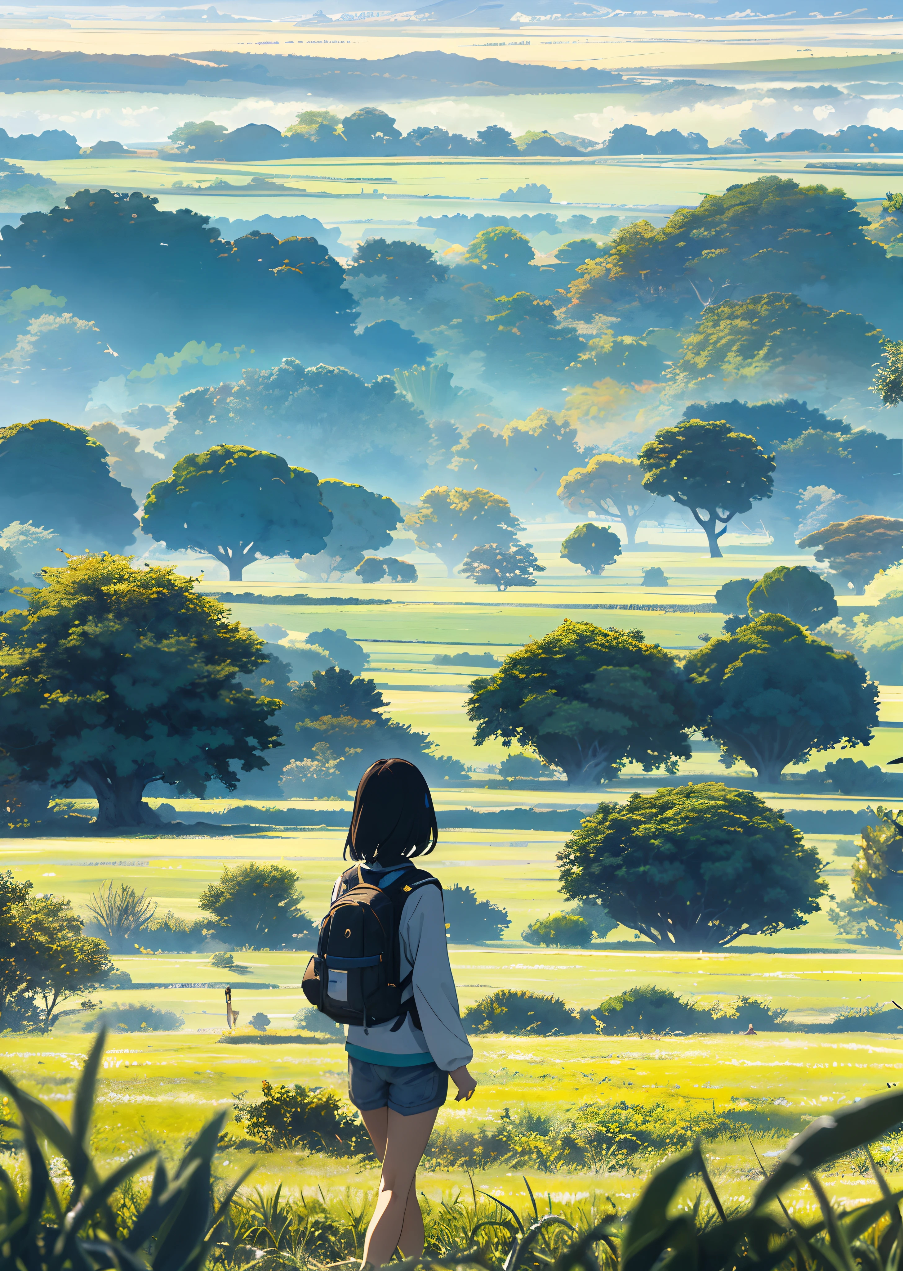 The vast sky, large grasslands, moving Bagan visual effects, colorful natural light, and a girl wearing a long-sleeved top and shorts with a backpack can be faintly seen in the distance in the middle of the meadow.