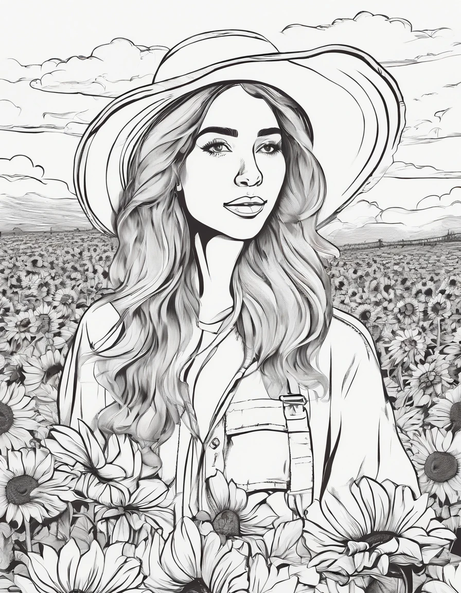 manga style, female teenager in a field of sunflowers with few clouds in the sky above her, looking at camera, shot above chest, smiling wearing a sunhat