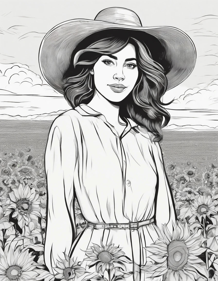 manga style, female ager in a field of sunflowers with few clouds in the sky above her, looking at camera, shot above chest, smiling wearing a sunhat