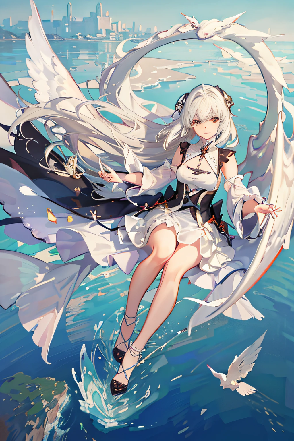 (Sheer and revealing white fluffy outfit:1.3, ),(Angel with glass wings floating on lake:1.3), (Glass Dragon Behind:1.3),Glossy light brown and orange striped shorthair,Cute smile,Perfect round face,A cheerful smile that makes the viewer happy,Proper body proportion,masutepiece,Super high-quality output images,hight resolution,Intricate details,Hair fluttering in a very delicate and beautiful wind,photos realistic,Dreamy,Professional Lighting,realistic shadow,Solo Focus,Beautiful hands,Beautiful fingers,Detailed finger features,detailed clothes features,Detailed hair features,detailed facial features,(Ghibli style:1.3)