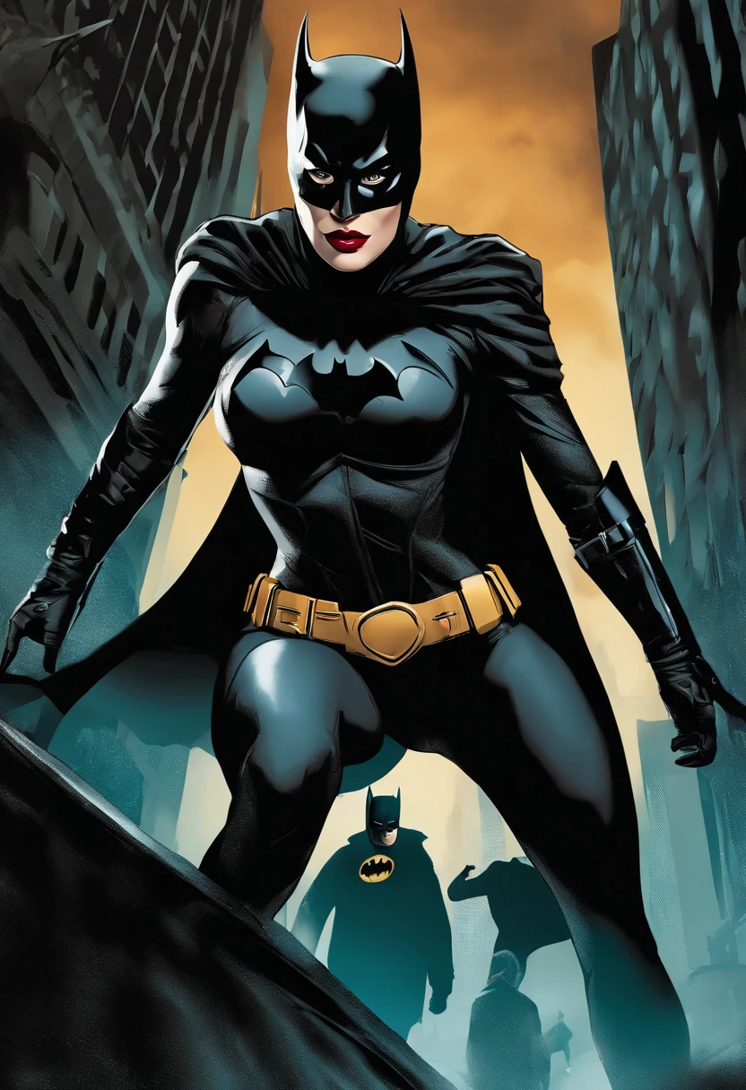 (best quality,4k,8k,Altas,master part:1.2),ultra-detalhado,(Realistic,fotorrealista,photo-realistic:1.37),Margot Robbie como Batgirl,illustration,belos olhos detalhados,beautiful detailed lips,atmosfera sombria e misteriosa,Skyline da cidade,terno de armadura de couro preto,acabamento brilhante,impressive physique,postura poderosa,gritty urban backdrop,noite,chuvas intensas,figurino elegante e moderno,Capa com capuz,fierce expression,action pose,dynamic compositing,movimento ativo,Bat symbol on chest,vigilante urbano,Gadgets de alta tecnologia,Dark and intense lighting,Contraste forte,Sombras profundas,vivid colors,neon lights,fundo arenoso,estilo de bordas duras,Comic book style,Cena de combate ao crime,breathtaking visuals,suspense que roe as unhas,Unique and captivating plot,efeitos visuais impressionantes,detalhes habilmente elaborados,simbolismo poderoso.
