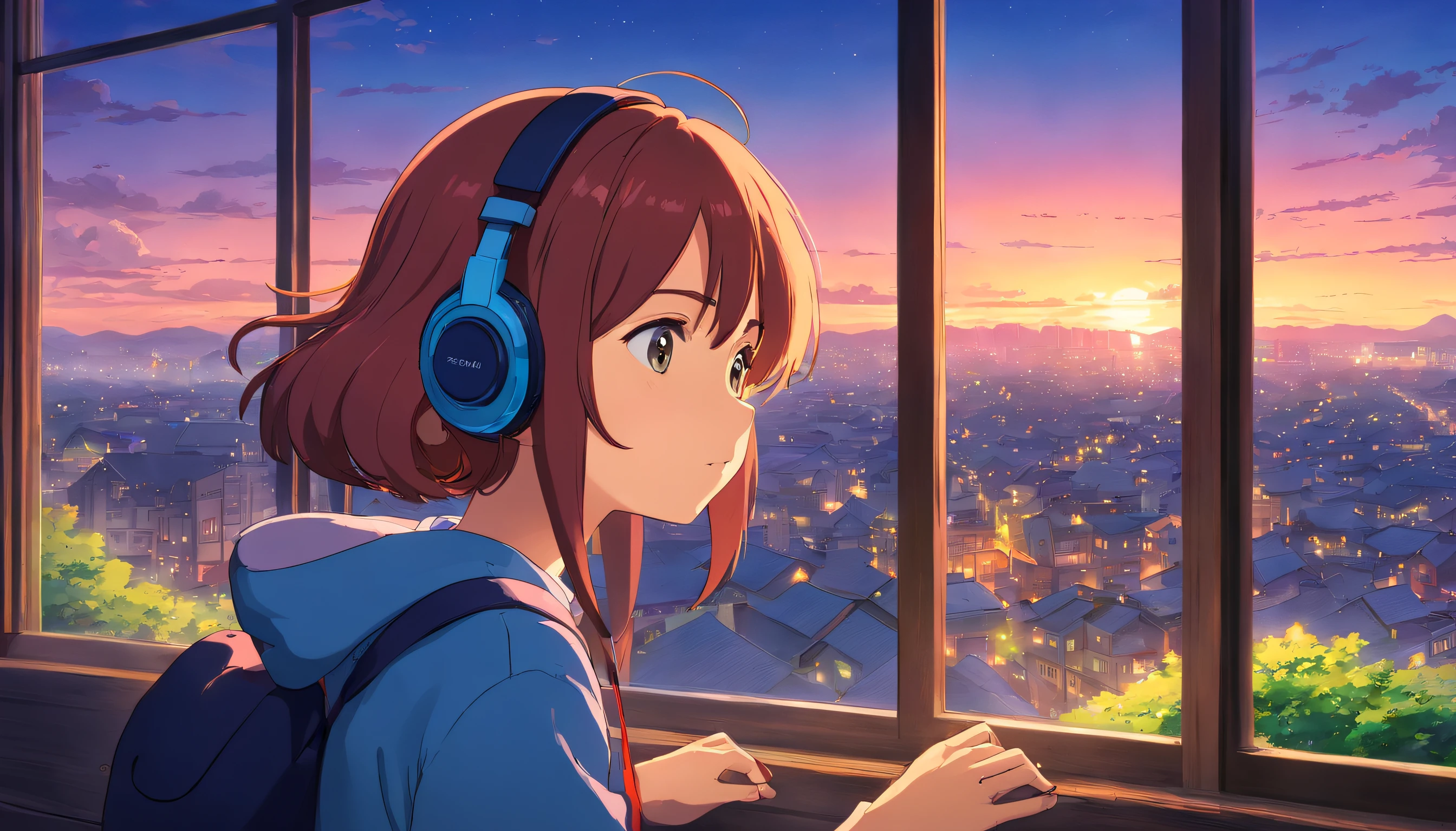 anime girl with headphones looking out a window at a city, lofi girl, anime vibes, lofi artstyle, anime style 4 k, anime aesthetic, nightcore, lofi feel, lofi art, anime art wallpaper 4 k, anime art wallpaper 4k, anime wallpaper 4 k, anime wallpaper 4k, lofi vibes