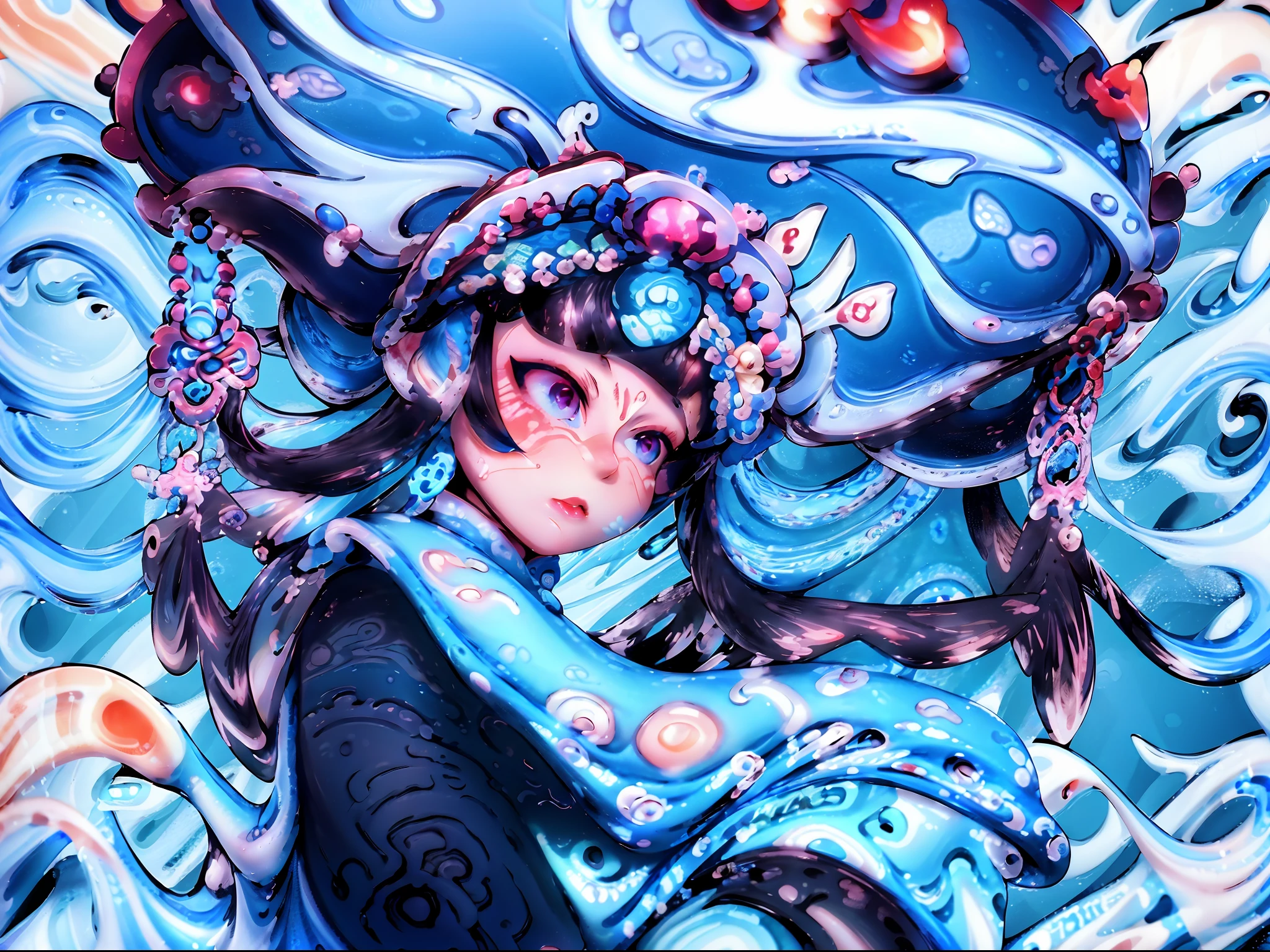 Wear gorgeous traditional Chinese costumes,A cute little ???,solo person,Taste of China,Cold,A combination of human and blue and white porcelain,a 3D render,Blue and white jewelry,Rich in details,Rich colors,National tide,China-style,Chinese face,(The background is black:1.5),Strong contrast,(Blue and white elements:1.5),soft face,comic strip,anime big breast,Best quality,Ultra-detailed,3D rendering of,Soft light,Exquisite jewelry,Exquisite makeup,I have a little dust on my face,Chinese looks,Danfeng Eyes,little mouth,chinese paintings