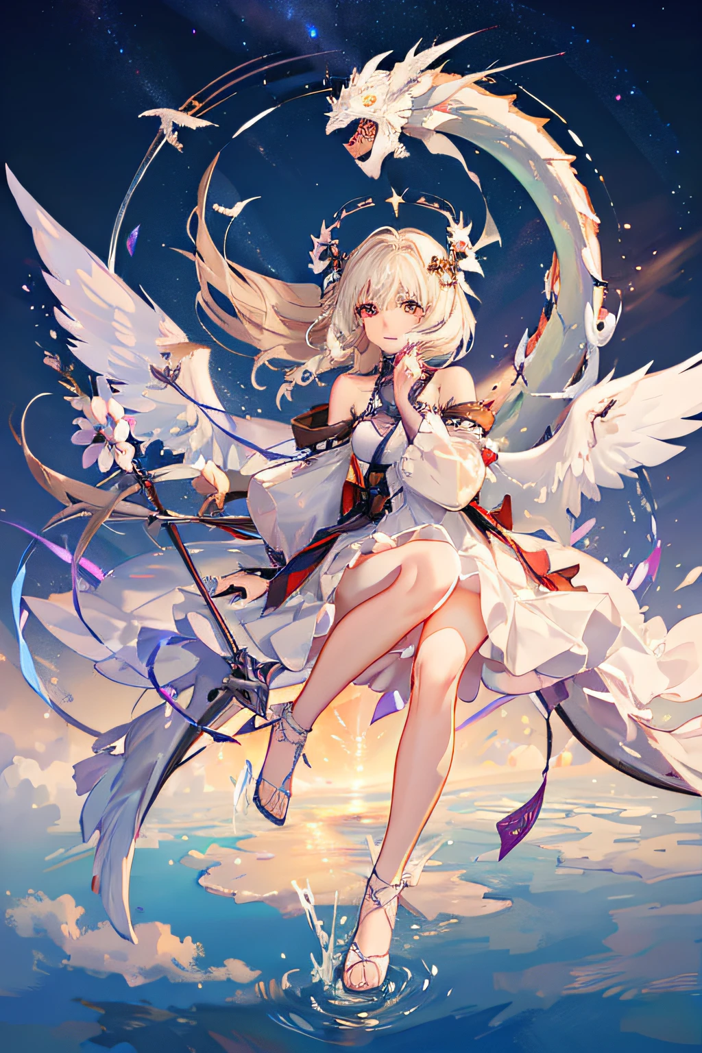 (Sheer and revealing white fluffy outfit:1.3, ),(Angel with glass wings floating on lake:1.3), (Glass Dragon Behind:1.3),Glossy light brown and orange striped shorthair,Cute smile,Perfect round face,A cheerful smile that makes the viewer happy,Proper body proportion,masutepiece,Super high-quality output images,hight resolution,Intricate details,Hair fluttering in a very delicate and beautiful wind,photos realistic,Dreamy,Professional Lighting,realistic shadow,Solo Focus,Beautiful hands,Beautiful fingers,Detailed finger features,detailed clothes features,Detailed hair features,detailed facial features,(Ghibli style:1.3)