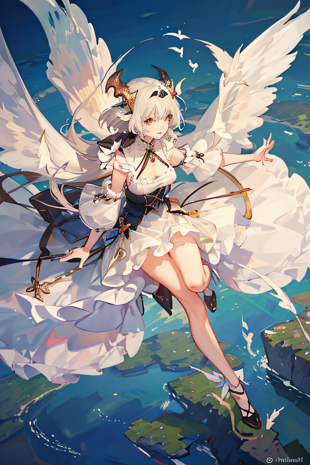 (Sheer and revealing white fluffy outfit:1.3, ),(Angel with glass wings floating on lake:1.3), (Glass Dragon Behind:1.3),Glossy light brown and orange striped shorthair,Cute smile,Perfect round face,A cheerful smile that makes the viewer happy,Proper body proportion,masutepiece,Super high-quality output images,hight resolution,Intricate details,Hair fluttering in a very delicate and beautiful wind,photos realistic,Dreamy,Professional Lighting,realistic shadow,Solo Focus,Beautiful hands,Beautiful fingers,Detailed finger features,detailed clothes features,Detailed hair features,detailed facial features,(Ghibli style:1.3)