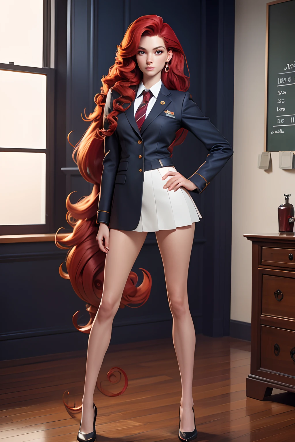 entire body , masterpiece , a topmodel long legs , beautiful face , red curled hair , black eyes , fraggels, great shape , school uniform, realistic , photoshot.