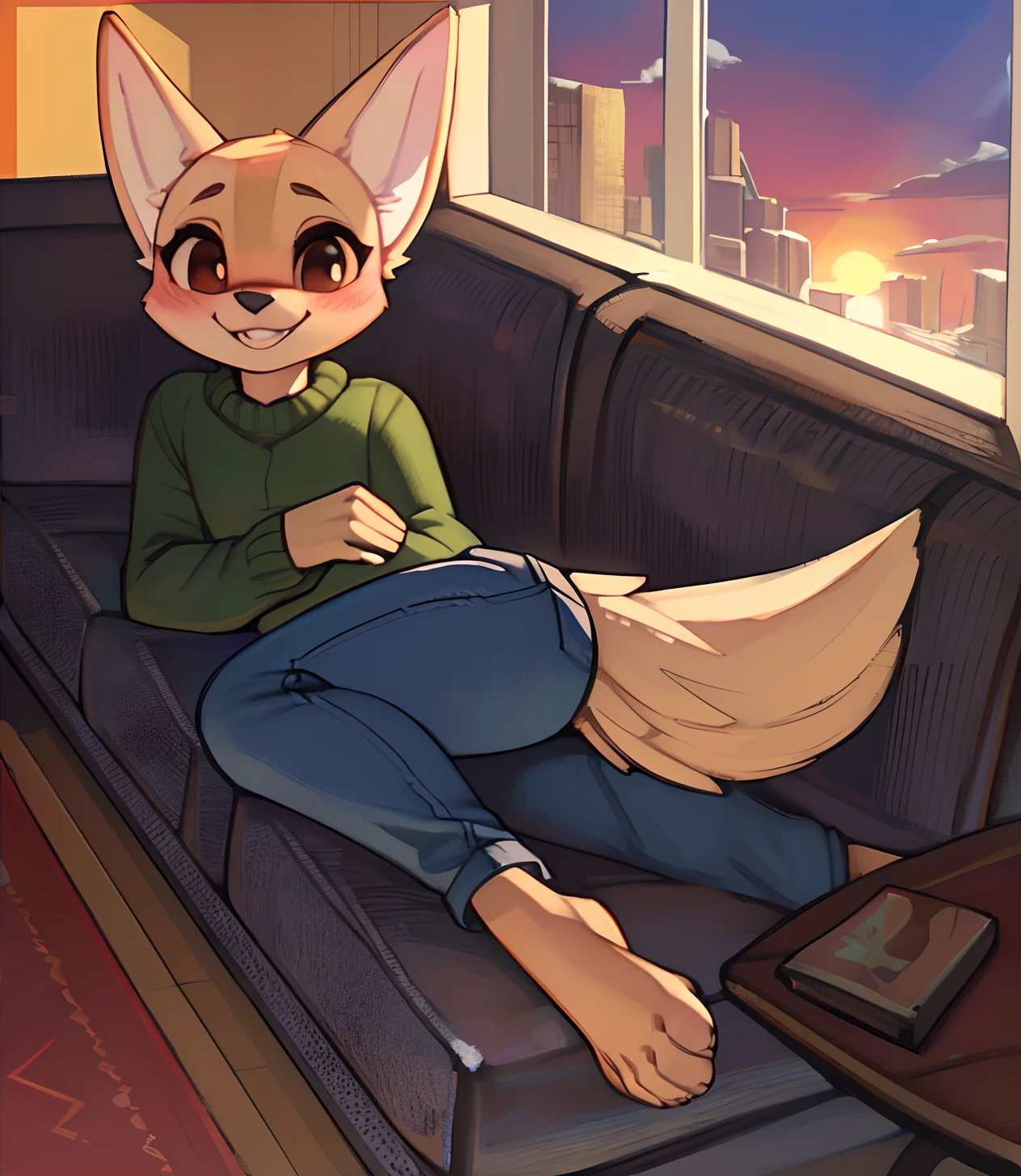 [fenneko], [aggretsuko], [Uploaded to e621.net; (Pixelsketcher), (wamudraws)], ((masterpiece)), ((solo portrait)), ((bird's-eye view)), ((feet visible)), ((furry; anthro)), ((detailed fur)), ((detailed shading)), ((beautiful render art)), ((intricate details)), {anthro; (beige fur, black nose), small brown eyebrows, cute brown eyes, blushing, (seductive gaze), cute smile, white teeth, fluffy tail, (beautiful legs), (beautiful feet)}, {(green sweaters), (tight jeans)}, {(laying on couch), (laying on side)}, [background; (living room), (yellow walls), (window), (orange sky), (sunset), (sun rays)]