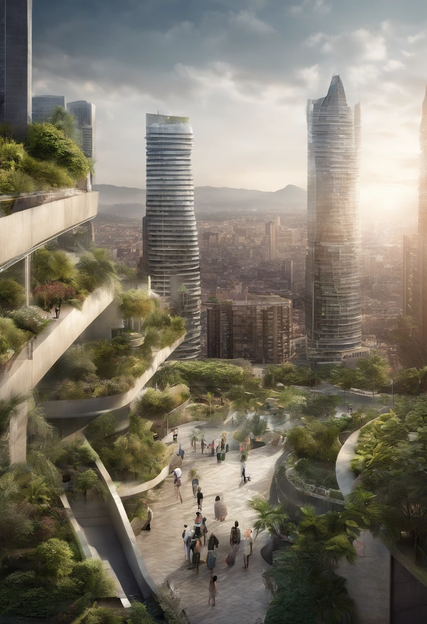 nighttime scene:2,Architectural photography depicting utopian cityscapes, Nature blends seamlessly with the urban fabric. The figure shows skyscrapers decorated with cascading vertical gardens, An oasis of relaxation in the midst of the hustle and bustle. Rooftop park, Abundant green space, The winding waterways provide respite，Promote community interaction. The city is bathed in softness, creating a tranquil atmosphere. The background shows mountains in the distance, Elevate the natural beauty of the city. This photograph captures the harmonious coexistence of man-made buildings with the organic world, Provide a glimpse into the environmentally conscious future. photography of：English Byak, Innovative Danish architect，Known for its sustainable and human-centered design