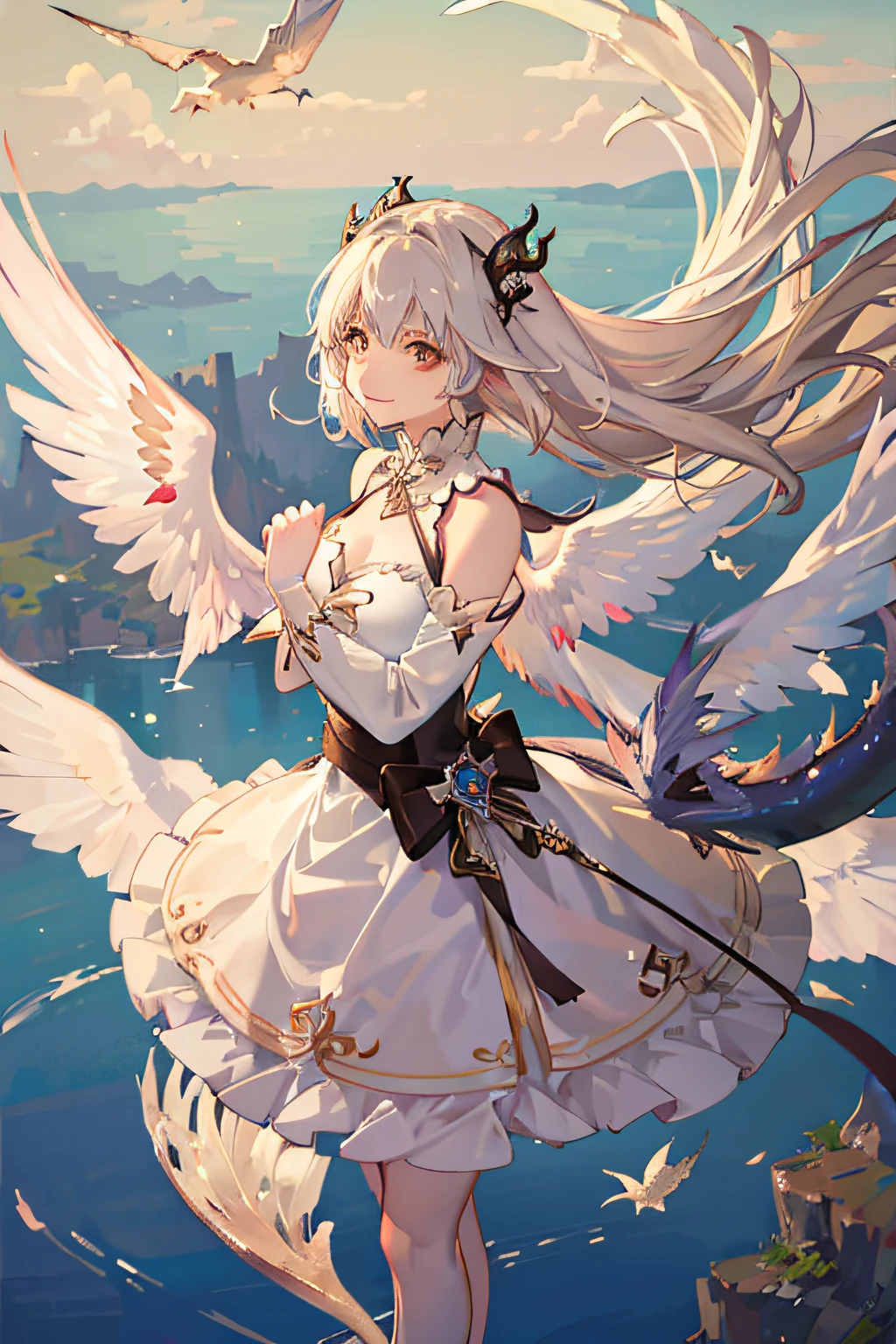 (Sheer and revealing white fluffy outfit:1.3, ),(Angel with glass wings floating on lake:1.3), (Glass Dragon Behind:1.3),Glossy light brown and orange striped shorthair,Cute smile,Perfect round face,A cheerful smile that makes the viewer happy,Proper body proportion,masutepiece,Super high-quality output images,hight resolution,Intricate details,Hair fluttering in a very delicate and beautiful wind,photos realistic,Dreamy,Professional Lighting,realistic shadow,Solo Focus,Beautiful hands,Beautiful fingers,Detailed finger features,detailed clothes features,Detailed hair features,detailed facial features,(Ghibli style:1.3)