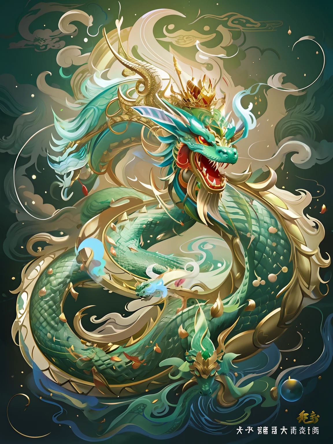 Illustration of a dragon with a golden crown on its head, cyan chinese dragon fantasy, Dragon Art, chinese dragon concept art, majestic japanese dragon, Green Dragon, smooth chinese dragon, Chinese Dragon, oil painting of dragon, mythological creatures, Highly detailed digital art, sea serpent, intricate fantasy painting, in the cosmos