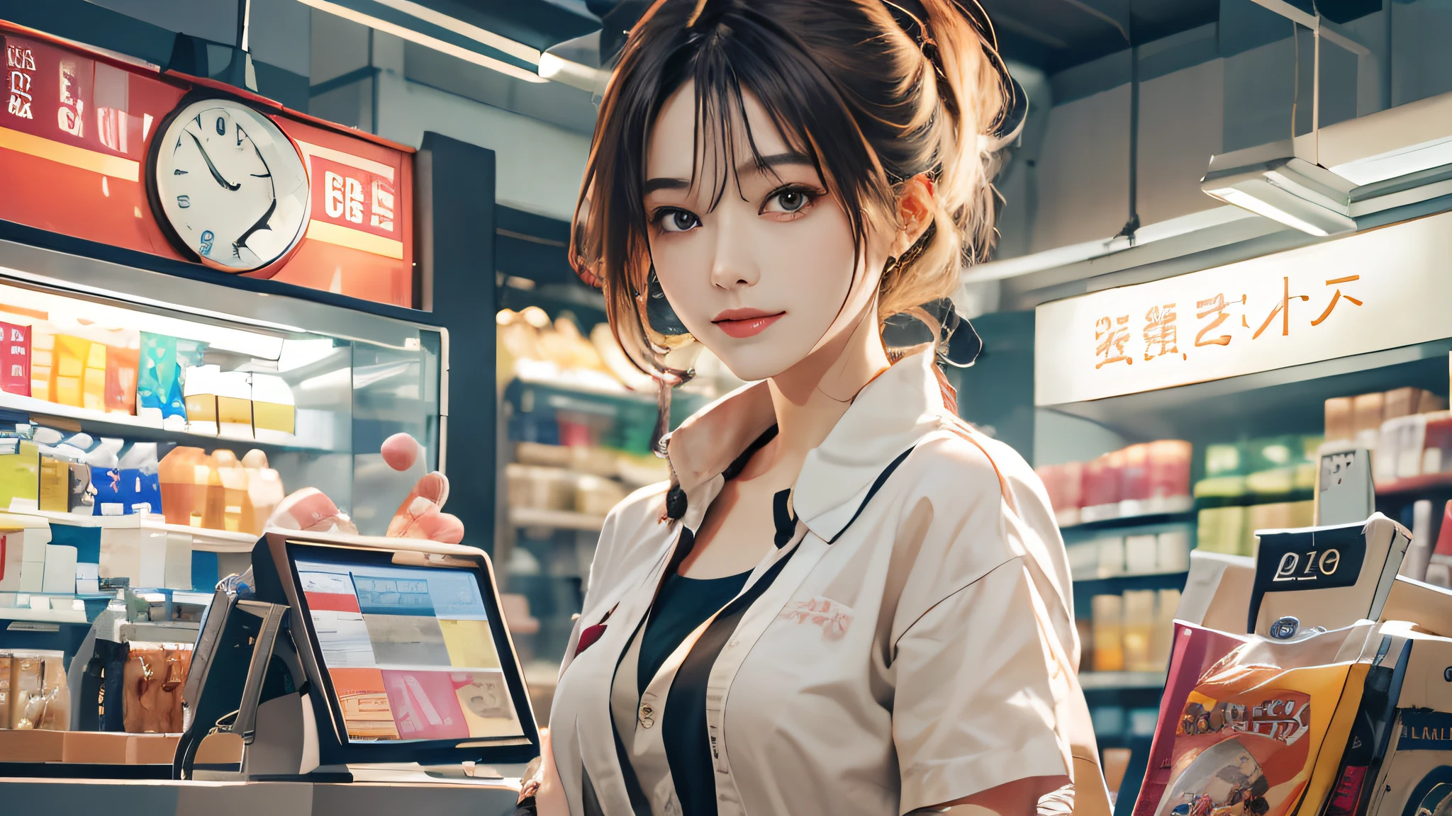 masutepiece、A high resolution、The convenience store of the future、Convenience store clerk、30-year-old girl、1Female shop assistant、Looking at the camera、ssmile、The completion is as shown in the image、Cash register and beauty、Fair and beautiful skin、Short and beautiful hair、inner colored、Hair should be tied in the back、
