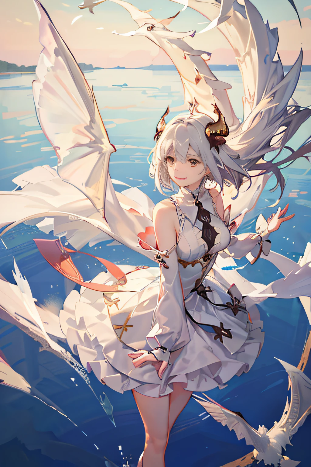 (Sheer and revealing white fluffy outfit:1.3, ),(Angel with glass wings floating on lake:1.3), (Glass Dragon Behind:1.3),Glossy light brown and orange striped shorthair,Cute smile,Perfect round face,A cheerful smile that makes the viewer happy,Proper body proportion,masutepiece,Super high-quality output images,hight resolution,Intricate details,Hair fluttering in a very delicate and beautiful wind,photos realistic,Dreamy,Professional Lighting,realistic shadow,Solo Focus,Beautiful hands,Beautiful fingers,Detailed finger features,detailed clothes features,Detailed hair features,detailed facial features,(Ghibli style:1.3)