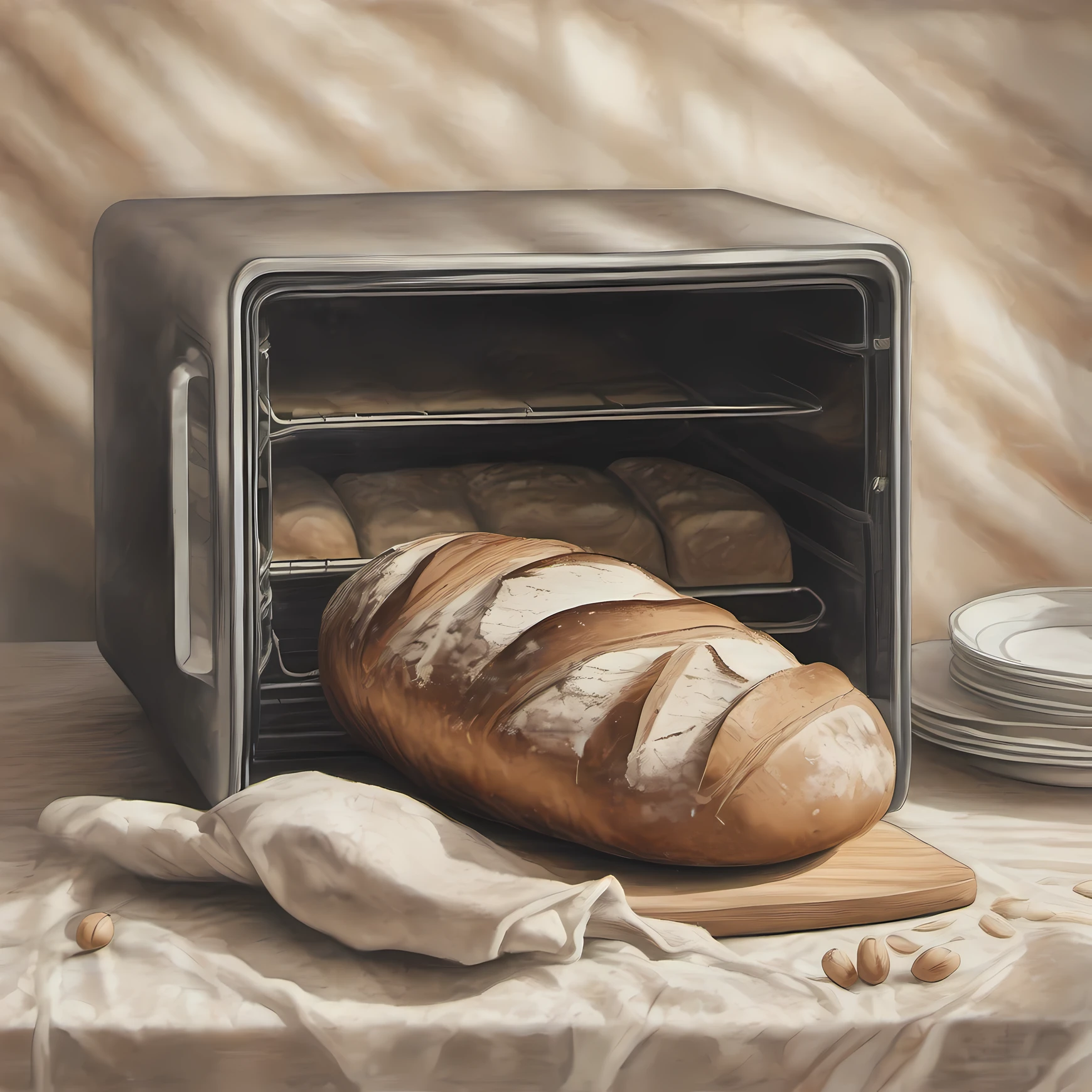 graphite drawing, pencil shading, subtle gradation, monochromatic, detailed textures, fine linework, delicate touch, Fresh bread、Bread machine background、analog film, grainy textures, warm tones, nostalgic atmosphere, organic imperfections, classic charm, timeless aesthetics