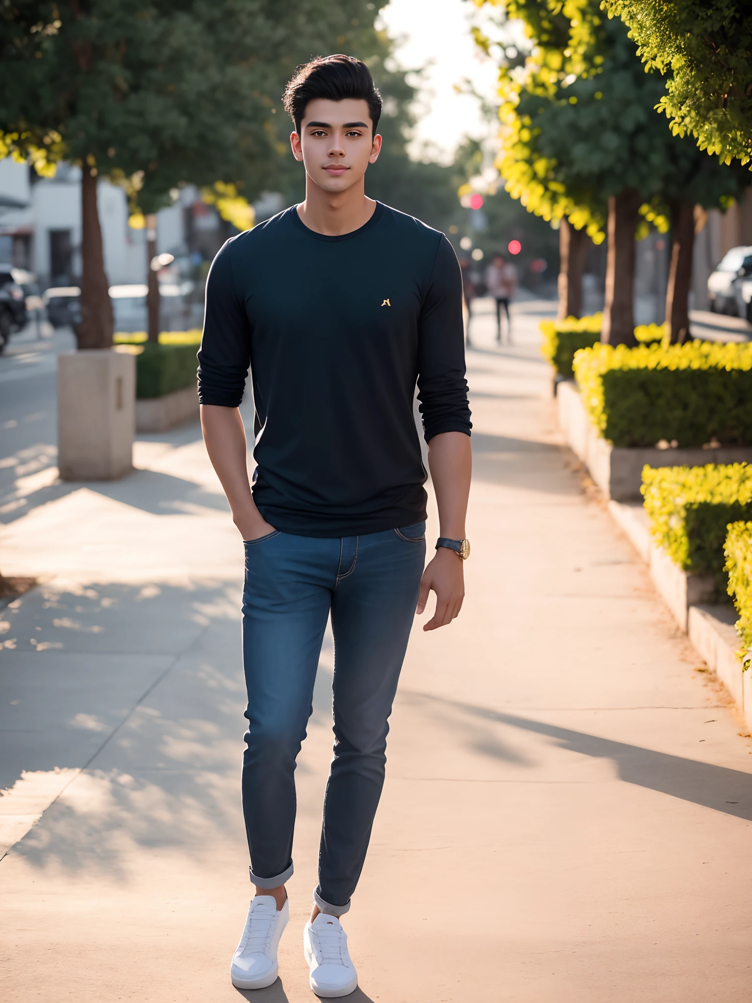 Tall young man with cute face and medium length good dark hair wearing cool casual outfit in outdoor golden hour photoshoot posing with stylish look., Golden Hour, Paparazzi Photography, DSLR, Light Mode, Megapixel