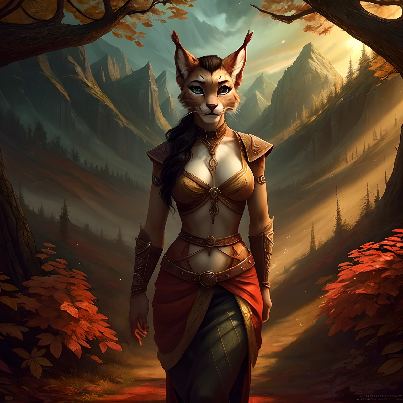 A seductive fitness woman with a medium-long black hair and a grey fur, resembling a Khajiit from "The Elder Scrolls". She has beautiful lynx ears with piercings and is adorned with elaborate jewelry. Her toned body accentuates her alluring figure. She is standing in an autumn forest surrounded by majestic mountains. The forest is filled with vibrant shades of red, orange, and yellow, reflecting the season's change. She holds a hunting bow in her hand, embodying her agile and skilled nature. The sunlight gently filters through the dense foliage, casting a warm and ethereal glow on her. The scene exudes a sense of mystery and tranquility, inviting viewers to explore the enchanting world of the Khajiit. With the best quality and ultra-detailed rendering, the resulting artwork will capture the essence of this seductive yet powerful character amidst the beauty of nature.