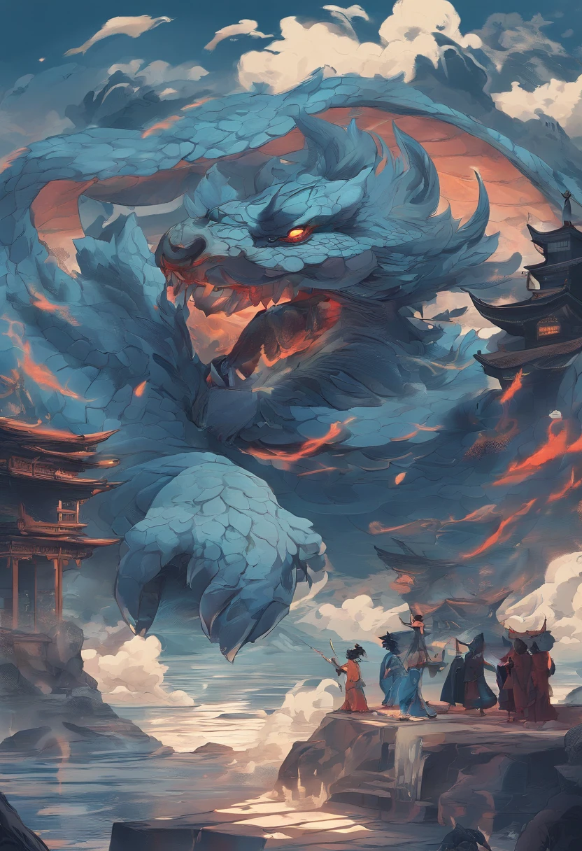 China-style，Chinese mythology，Dragon turtle，faucet，Angular，Turtle body，Giant tortoiseshell shell，Heavy tortoiseshell shell，The tail of the snake grows out，has horns on its head，tosen，Ferocious，gargantuan，The eyes glow blue light，the sea，Huge waves，surrounded by cloud，中景 the scene is，Full body like， highly detailed surreal vfx，oc rendered， - AR 16:9 --q 2 --s 1000