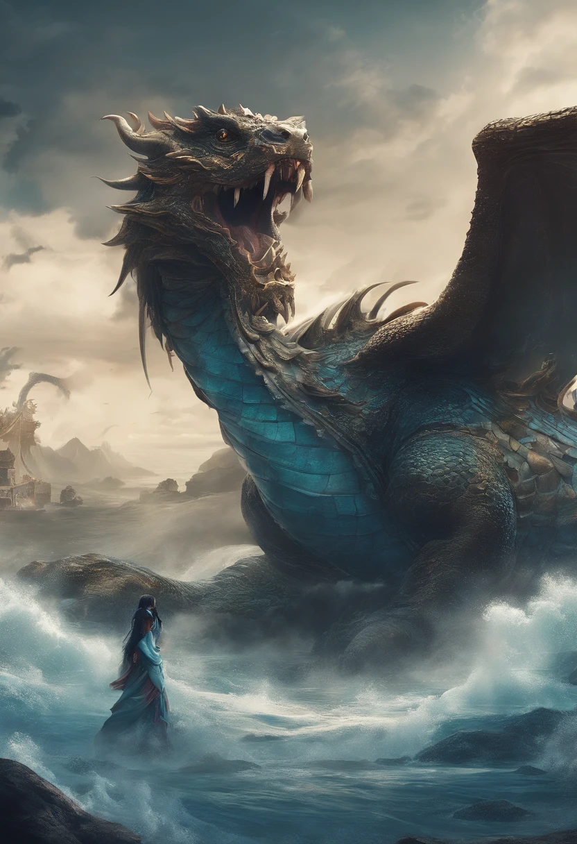 China-style,Chinese mythology,Dragon turtle,faucet,Angular,Turtle body,Giant tortoiseshell shell,(Heavy tortoiseshell shell:1.4),The tail of the snake grows out,has horns on its head,tosen,Ferocious,gargantuan,The eyes glow blue light,the sea,Huge waves,surrounded by cloud,中景 the scene is,Full body like, highly detailed surreal vfx,oc rendered,