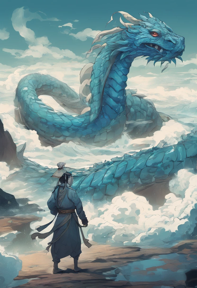 China-style，Chinese mythology，Dragon turtle，faucet，Angular，Turtle body，Giant tortoiseshell shell，Heavy tortoiseshell shell，The tail of the snake grows out，has horns on its head，tosen，Ferocious，gargantuan，The eyes glow blue light，the sea，Huge waves，surrounded by cloud，中景 the scene is，Full body like， highly detailed surreal vfx，oc rendered， - AR 16:9 --q 2 --s 1000