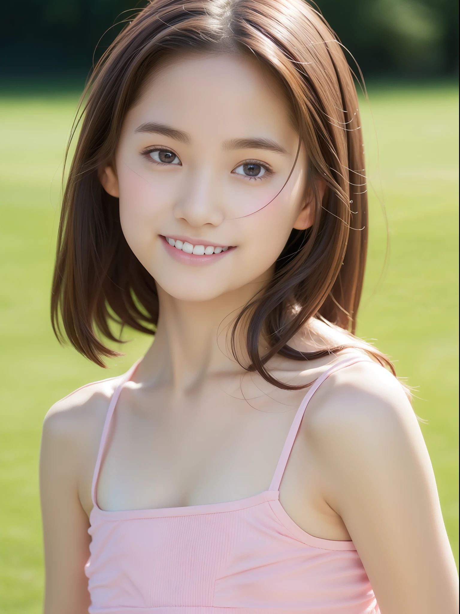 Neat college girl, petite person, (short pink silk camisole, white panties), outside the athletic field, (slim, small, flat, small), photorealistic, detail, skin texture, ultra detail, delicate sexy collarbone, smile, super detailed face, detailed lips, detailed eyes, double eyelids, 10 year old girl