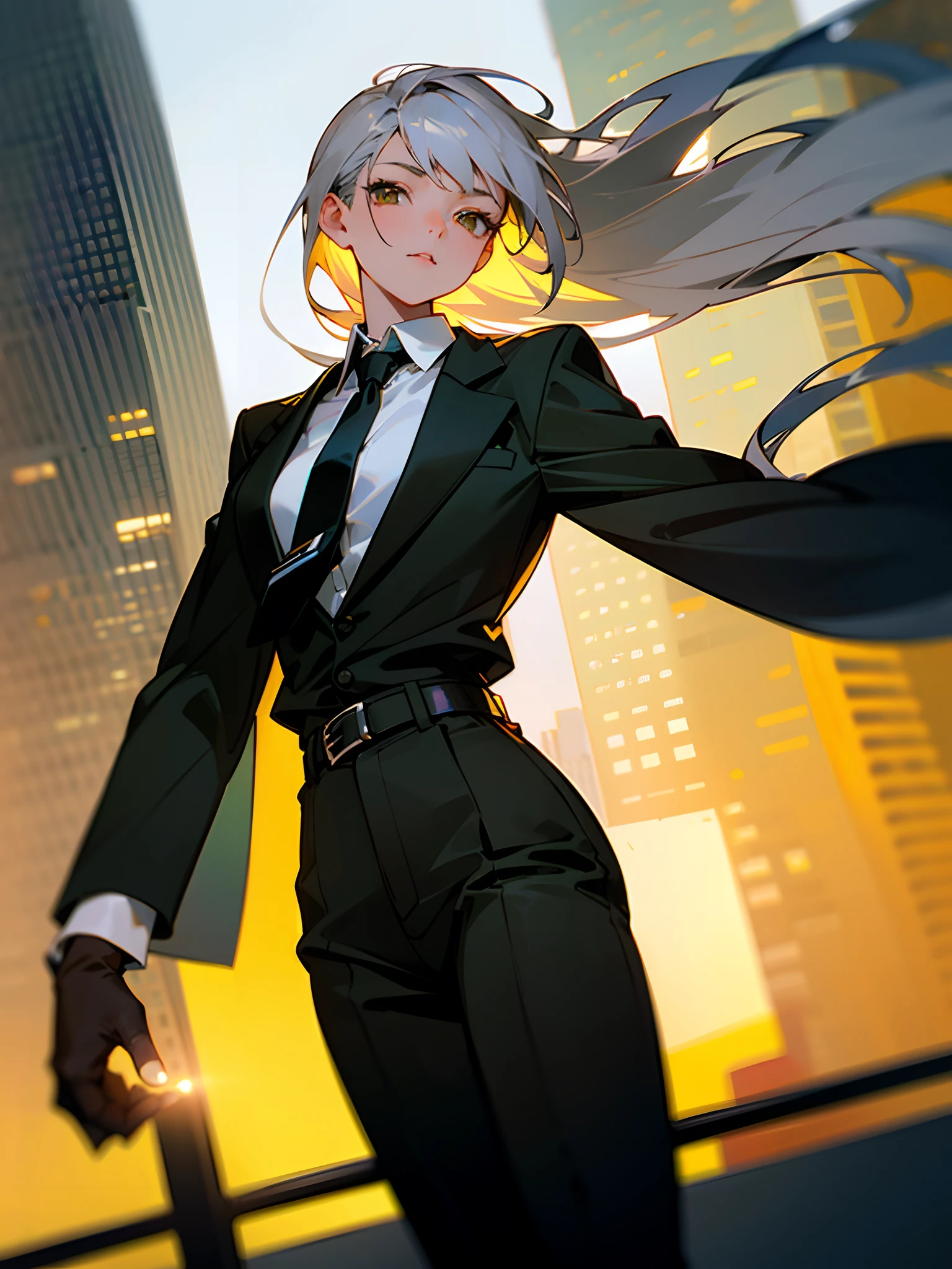 (masterpiece, best quality),(((from below, depth of field, dutch angle, green lighting))), floating hair, 1girl, solo, formal, hand in pocket, suit, black gloves, building, looking at viewer, black necktie, fingerless gloves, white shirt, city, outdoors, black jacket, belt, black pants, collared shirt, brown eyes, standing, long sleeves, grey hair, cityscape, open jacket, cowboy shot, skyscraper, black suit, night, pant suit, very long hair