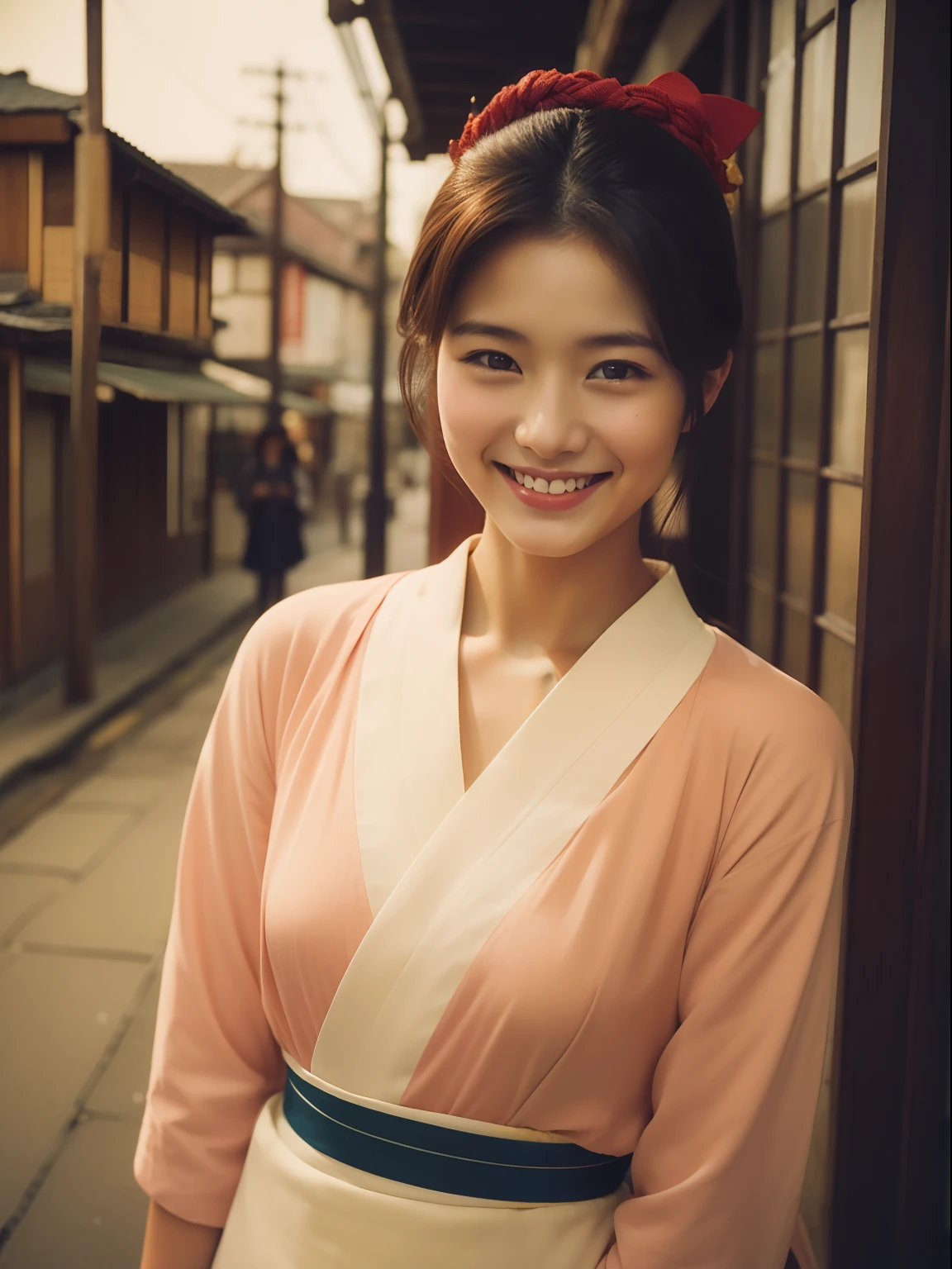 (Highest image quality, Highest image quality, Super A High Definition), (Raw photo, Realism 1.4), (flat chest), Fine skin, Fine face, Cute, AKB Girl, Girl in her 20s, Small breasts, Perfect Skin, thighs thighs thighs thighs, Medium Hair, Perfect, Brown hair, Brown eyes, Full body, ((Summer Festivals))、 ((Yukata)), Bright sunshine, Smile