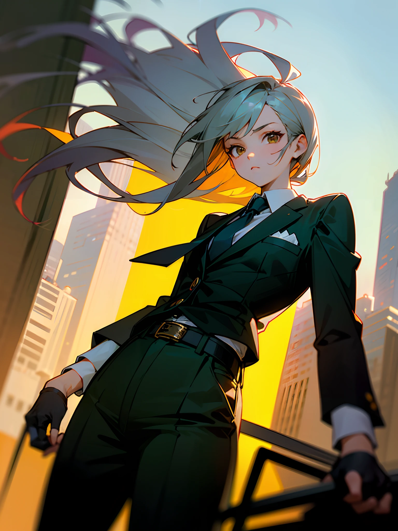 (masterpiece, best quality),(((from below, depth of field, dutch angle, green lighting))), floating hair, 1girl, solo, formal, hand in pocket, suit, black gloves, building, looking at viewer, black necktie, fingerless gloves, white shirt, city, outdoors, black jacket, belt, black pants, collared shirt, brown eyes, standing, long sleeves, grey hair, cityscape, open jacket, cowboy shot, skyscraper, black suit, night, pant suit, very long hair