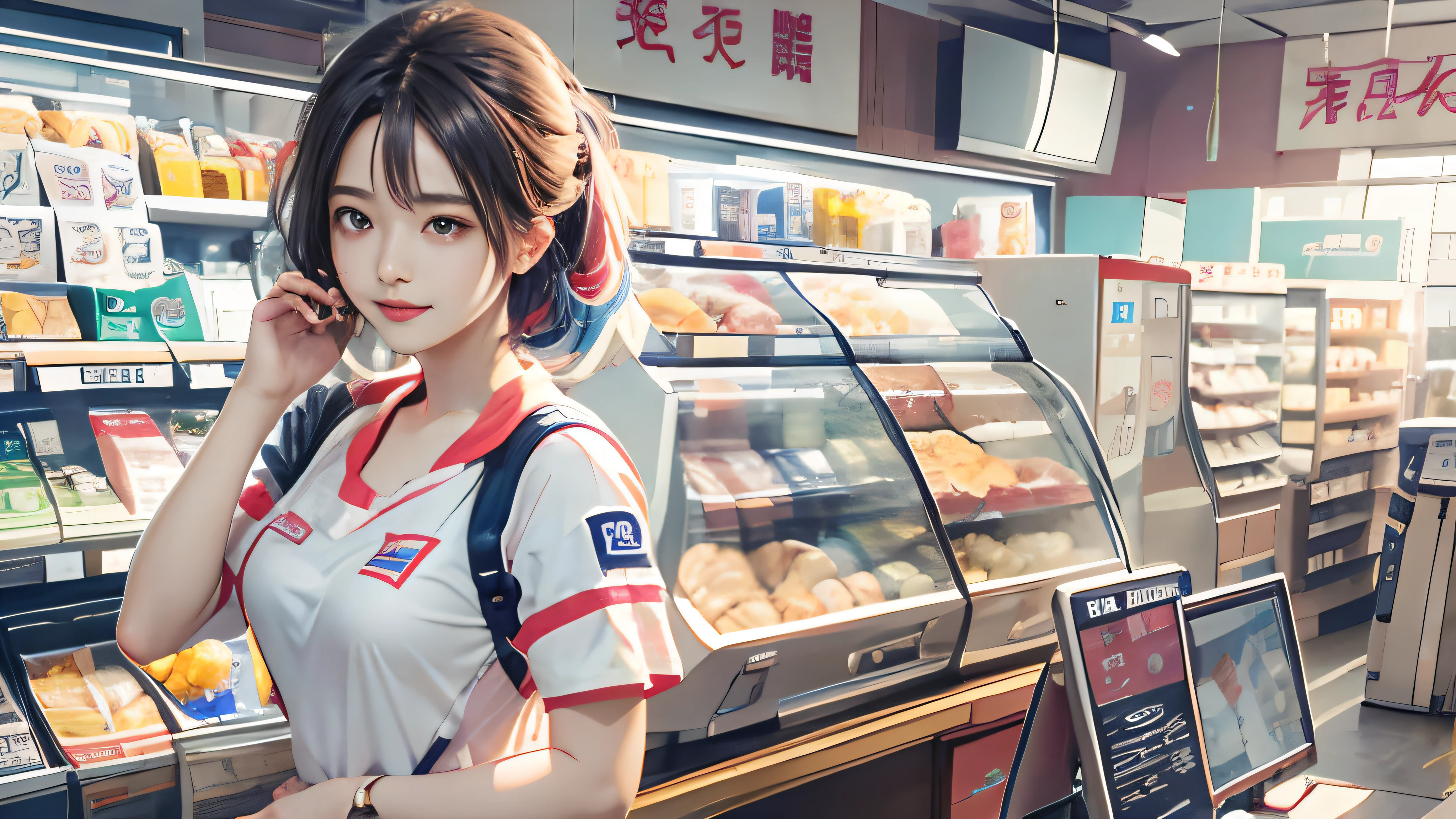 masutepiece、A high resolution、The convenience store of the future、Convenience store clerk、30-year-old girl、1Female shop assistant、Looking at the camera、ssmile、The completion is as shown in the image、Cash register and beauty、Fair and beautiful skin、Short and beautiful hair、inner colored、Hair should be tied in the back、