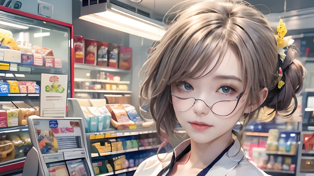 masutepiece、A high resolution、The convenience store of the future、Convenience store clerk、30-year-old girl、1Female shop assistant、Looking at the camera、ssmile、The completion is as shown in the image、Cash register and beauty、Fair and beautiful skin、Short and beautiful hair、inner colored、Hair should be tied in the back、