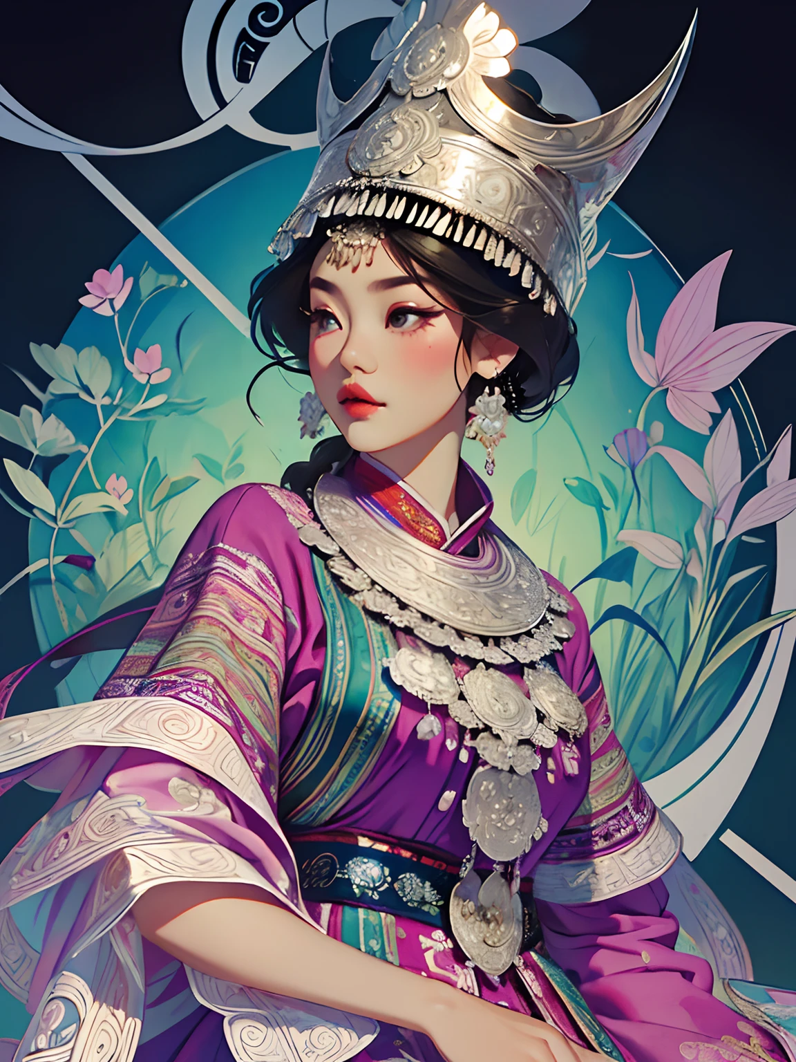 (illustration:1.3)Hmong girl in Hmong costume (by Artist Anna Dittman:1), (((Masterpiece))), (((Best quality))), ((Ultra-detailed)),(Detailed light),((An extremely delicate and beautiful)), Hmong,garments、head gear、耳Nipple Ring，with a pure white background，Cutout