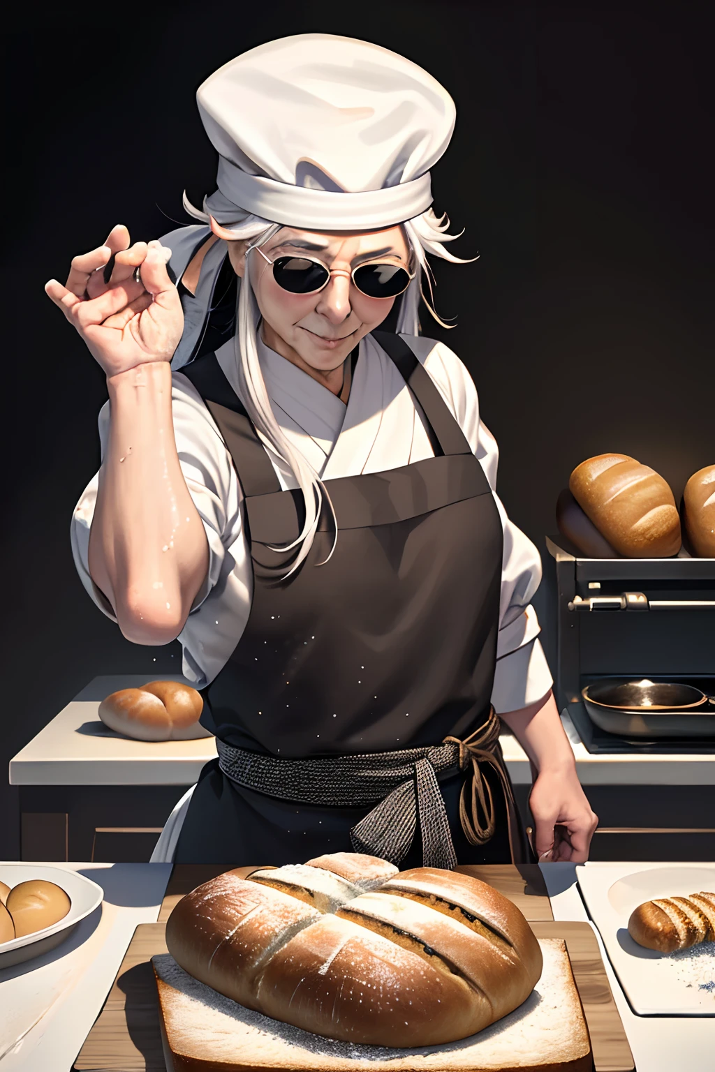 (best shadow),(realistic),Highly detailed, High Quality, Masterpiece, white chef hat, japanese old woman, wringkle, white long hair, apron, chef, solo, SaltBaeMeme, salt, (black sunglases), kitchen, kitchen knife, glasses, oven, smirk, salt, bake, powder, (((bread , loaf))) eggs