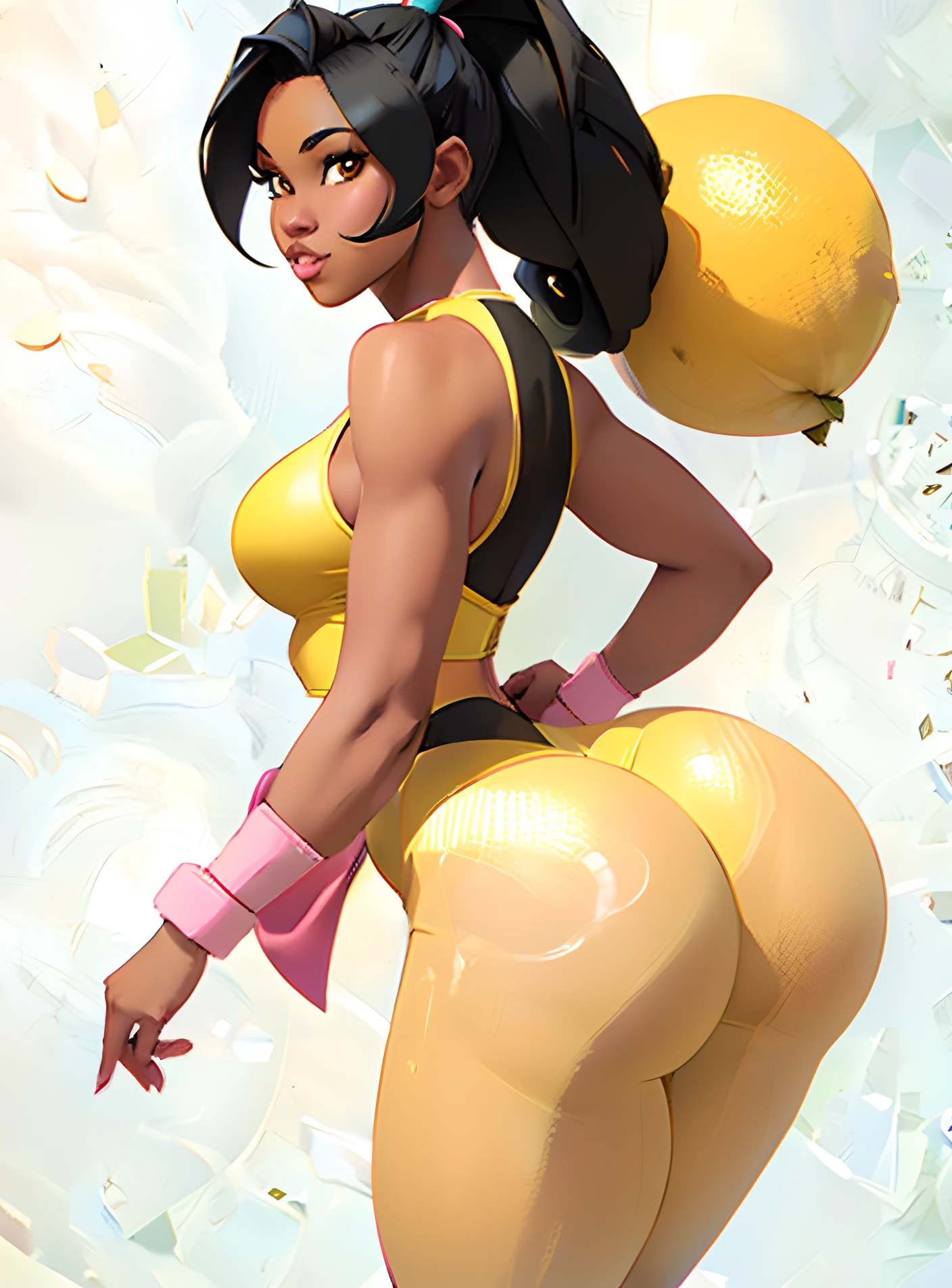 full body portrait to backs to rhe girl, she in a yellow bikini with very long hair black hair curly hair ponytail, hand in ponytail, posing , sexy girl young to 18 yearsl old, alethic body, thicc ebony black skin:1.3 in her hand, thicc, epic 3 d oshun, thick thigs, insanely inflated hips, lola bunny fanart, thick, it has lemon skin texture, character is in her natural pose, with lemon skin texture, fullbodysuit, cutesexyrobutts, tight full body suit, buttshape