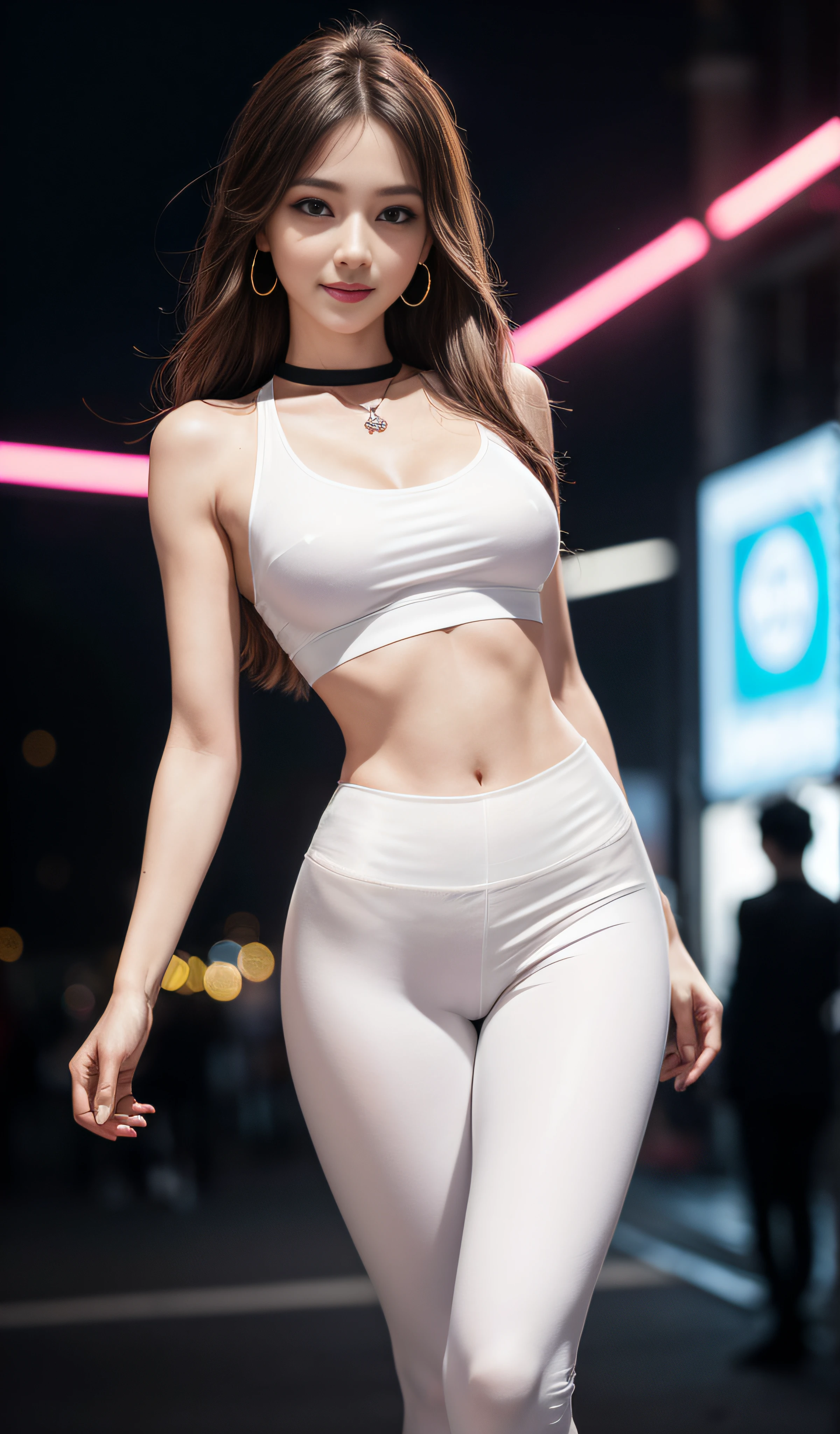 8K, Masterpiece, RAW photo, Best quality, Photorealistic, Extremely detailed CG unifies 8K, 8K, Diamond, and wallpaper, Depth of field, Cinematic light, Lens flare, Ray tracing, (Extremely beautiful face, Beautiful lips, Beautiful eyes), intricate detail face, ((ultra detailed skin)) 1girll, In the dark, deepshadow, Pretty Korean girl, Kpop idol, 1 girl, (Very slim and slender muscular body:1.3), ((full bodyesbian)),((Long legs)), ((view the viewer)),(Big smile:1.3), (Tight lace-up blouse), (Pink shirt), (Sleeveless) , (Fashion night, Dark night, (neon lights sign), (Blurred background), Fashion Street Night),(No one is in the background:1.3), Beautiful earrings, bangle, necklace, Pantyhose, Clear eyes, (Pale skin), (Big eyes), Face forward, ((full body shot shot)), ((Silk white leggings:1.3)),（big assa），(brown hairs),((Skinny silk pants)),（big assa）， (view the viewer:1.3) open breast, Very slim, Medium breasts, Turn Back, Back shot, , underwear