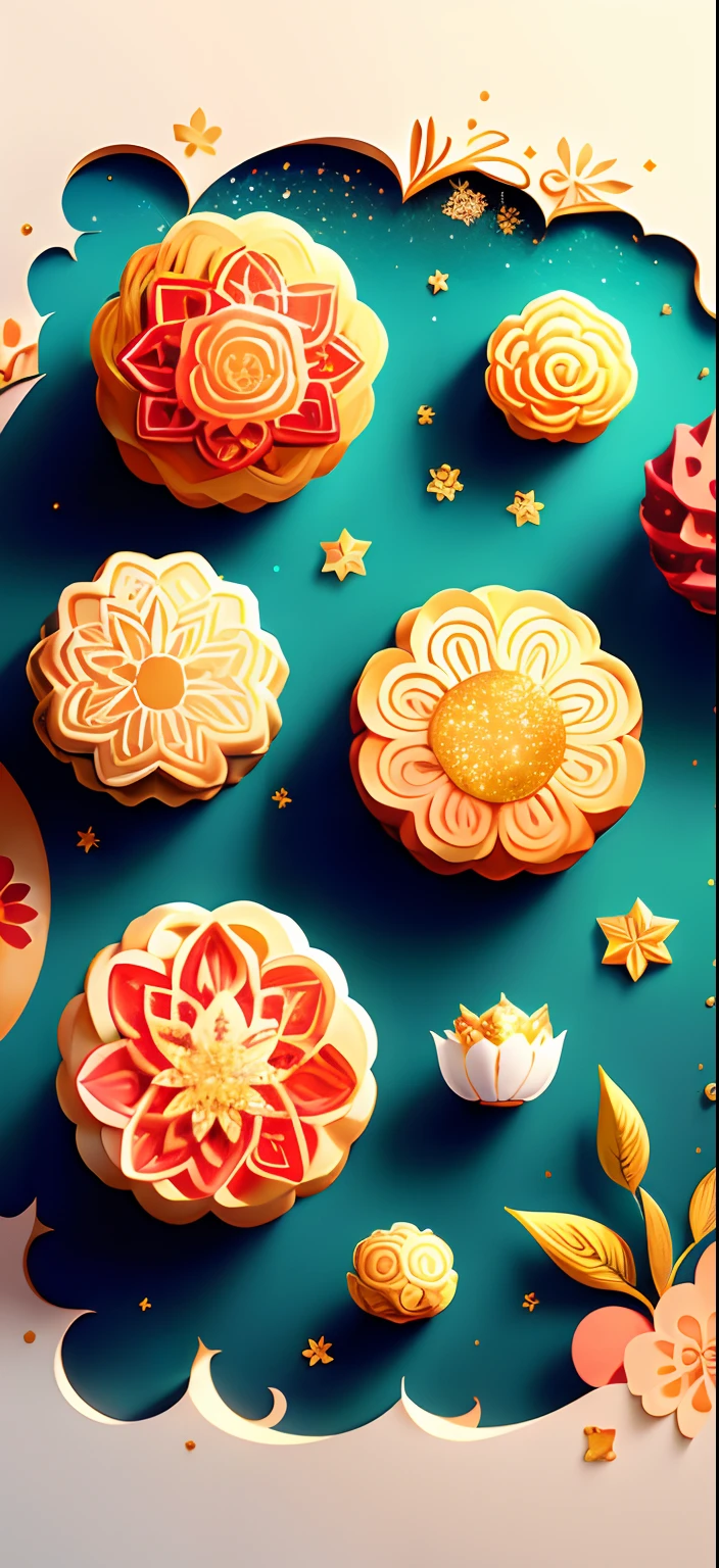 Illustration of mooncakes, Beautiful details glow, Gold glitter, Paper_cut, morango, Strawberry flowers, Sun, Sunlight