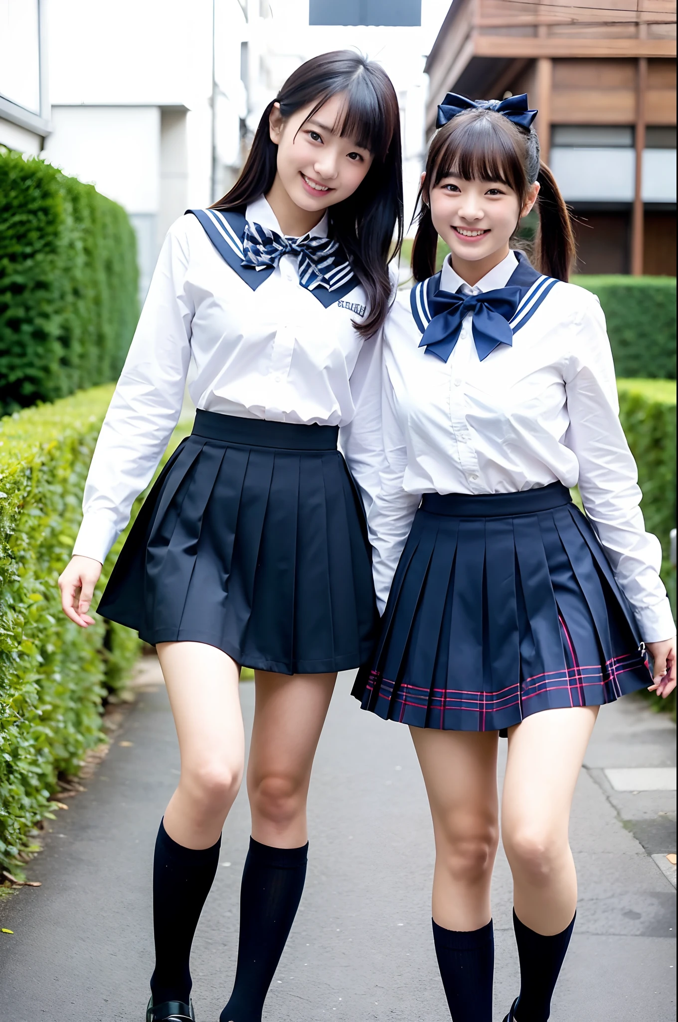 2 girls in school yard in autumn,long-sleeved white shirt with pale pink bow tie,plaid pleated micro mini skirt,white thong,18-year-old,bangs,a little smiles,thighs,knees,crotch,low ponytail,from below