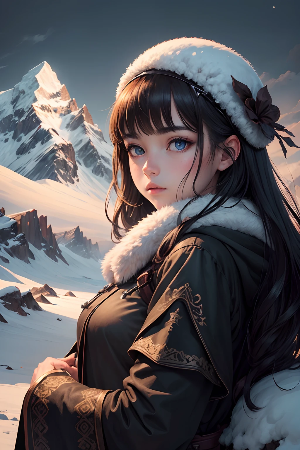 In the picture, you can depict snowflakes flying in the sky, rivers flowing slowly, clear and vast skies, mountains and mountains, deep and mysterious forests, as well as small bridges and flowing water, temple ruins and other scenes, creating a clear and poetic feeling.
In order to better express the emotions of pursuing fairyland advocated in poetry, the painter can set the figure at the highest point of the background of the picture, expressing human awe and gratitude for the forces of nature. Shape your character as you please, such as smiling softly, or closing your eyes and holding elements such as pen and ink or ink treasure to add layers and details to the picture. It not only emphasizes nature, but also expresses the beautiful vision of coexistence and harmony between human beings and nature, presenting the mysterious atmosphere of "snowflakes flying", so that the audience is not only immersed in the natural beauty but also feels the warmth of humanistic emotions when appreciating. --auto --s2