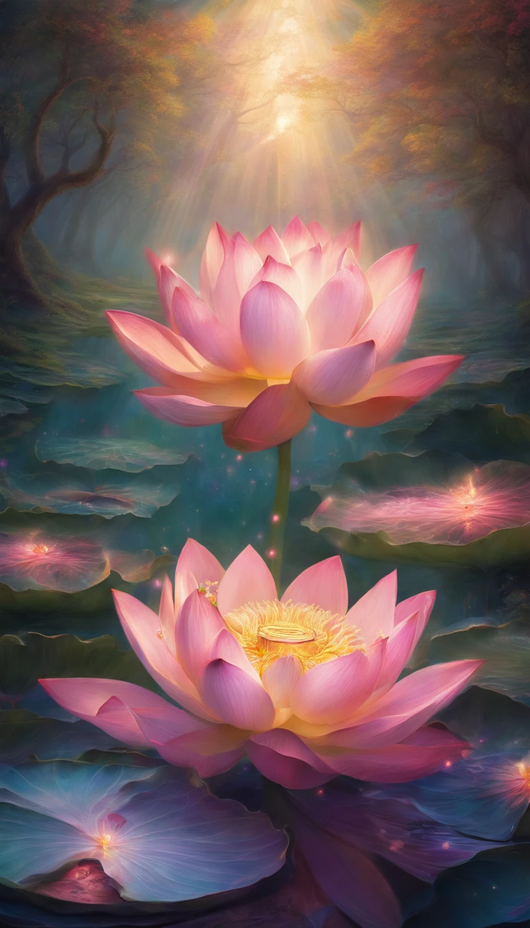 lotus flower, artistic conception, Light shines straight down from above