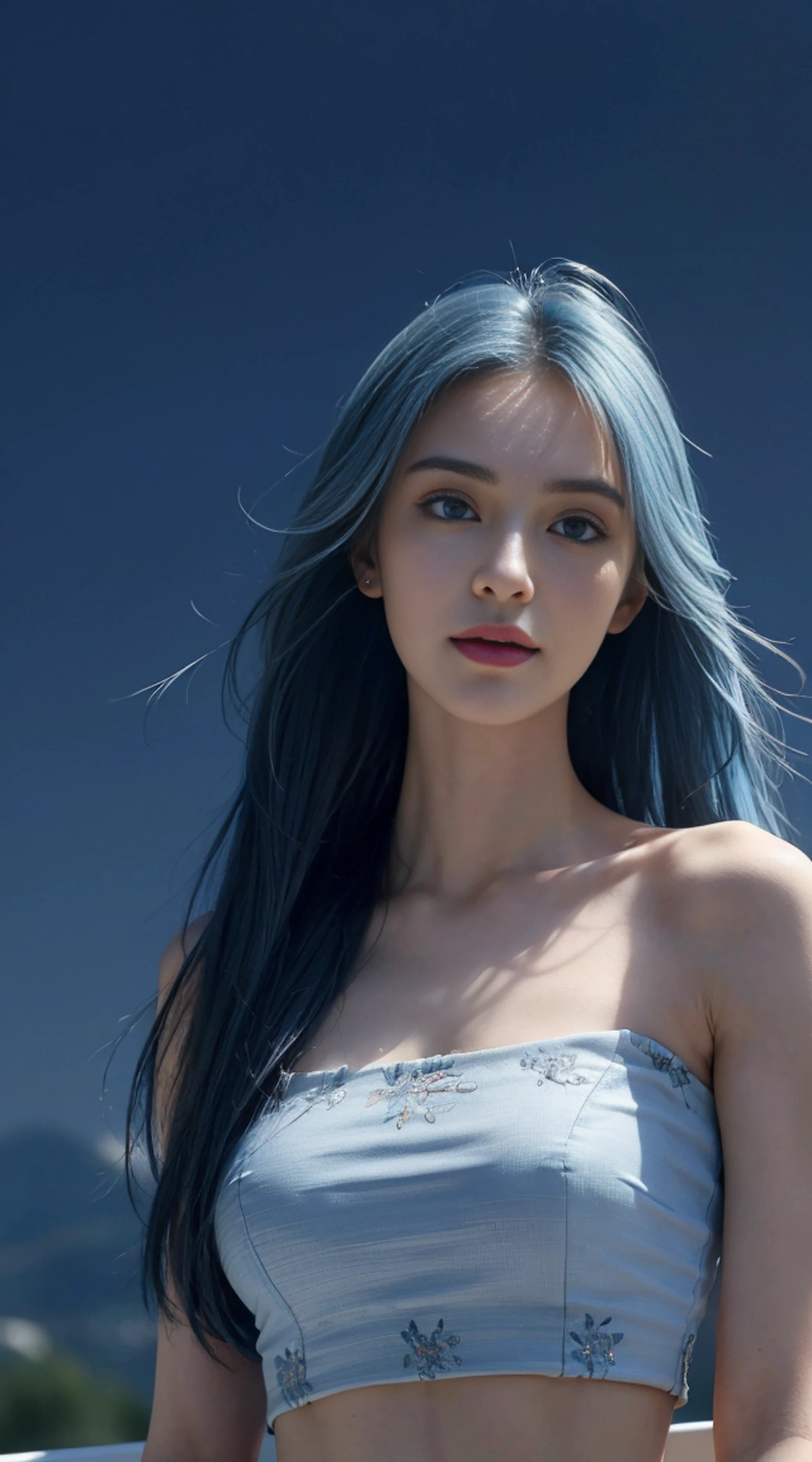 8K, Top Quality, Intricate Details, Ultra Detail, Ultra High Resolution, Masterpiece, random angle,  Slender, Smile, (Makeup: 0.4), (Fluffy Blue Eyes: 1.21), blue Eyes,, ((full body)), 1girl, solo, 1 girl, (( full body)),  close-up shot, standing , , ((tall)), (((fit body))), (((slim face))), sharp face, sharp eyes, (((blue hair, extra long hair , ))  (detailed face), sharp face, small lips, thin lips, 
 (( Crop top )),  detailed face, detailed breast, , large breast, detail, , Beautiful girl with accentuated slender abs: 1.4, Six Pack Abs: 1.4, Bust Botox, Big, Perfect Body, detail leg, (( moonlight)), cloudy, top of mountain