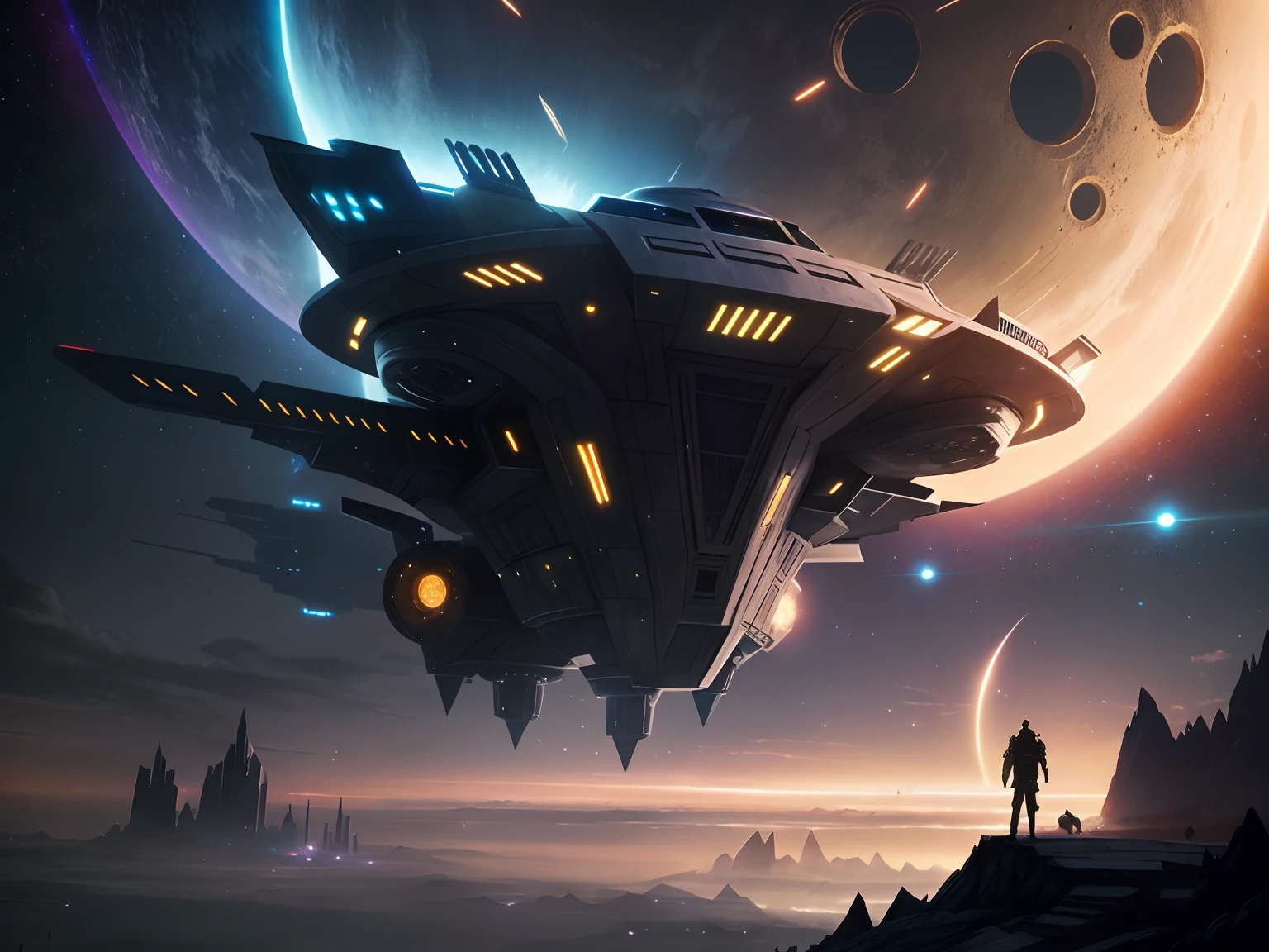 fantasy concept art，1 giant spaceship，The city of the future，It was dark all around，Beautiful lights illuminate the city，24th century，sci-fy，Futuristic，The background is a magnificent view of cosmic space，tmasterpiece，best qualtiy，high qulity，realisticlying，epic shot，电影灯光，16k，Very fine and beautiful，The is very detailed，True shadows，