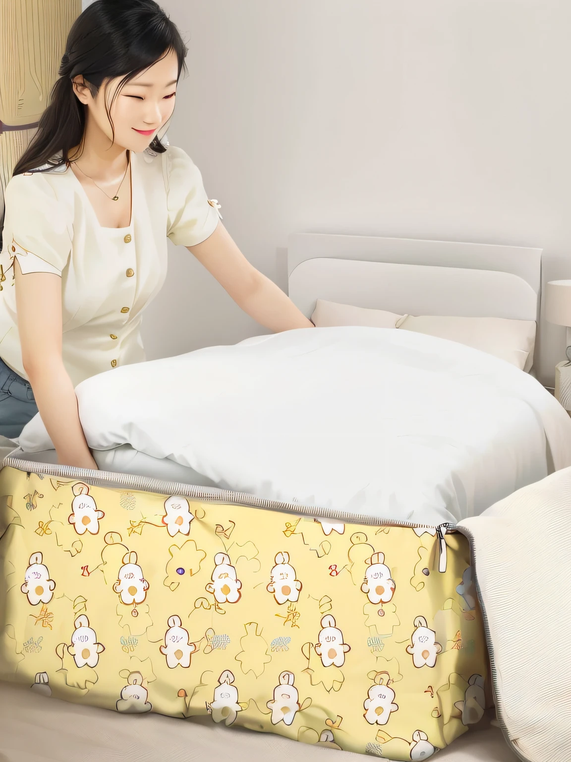 The woman put the pillow into the bed with the yellow quilt, designed for cozy aesthetics!, small bed not made, bed is not made, Bed, while posing in the same bed, jia, zun, bottom angles, Patterned, shaxi, cute design, Pleasant, someone sits in bed, easygoing, Pattern, soft - warm, komono