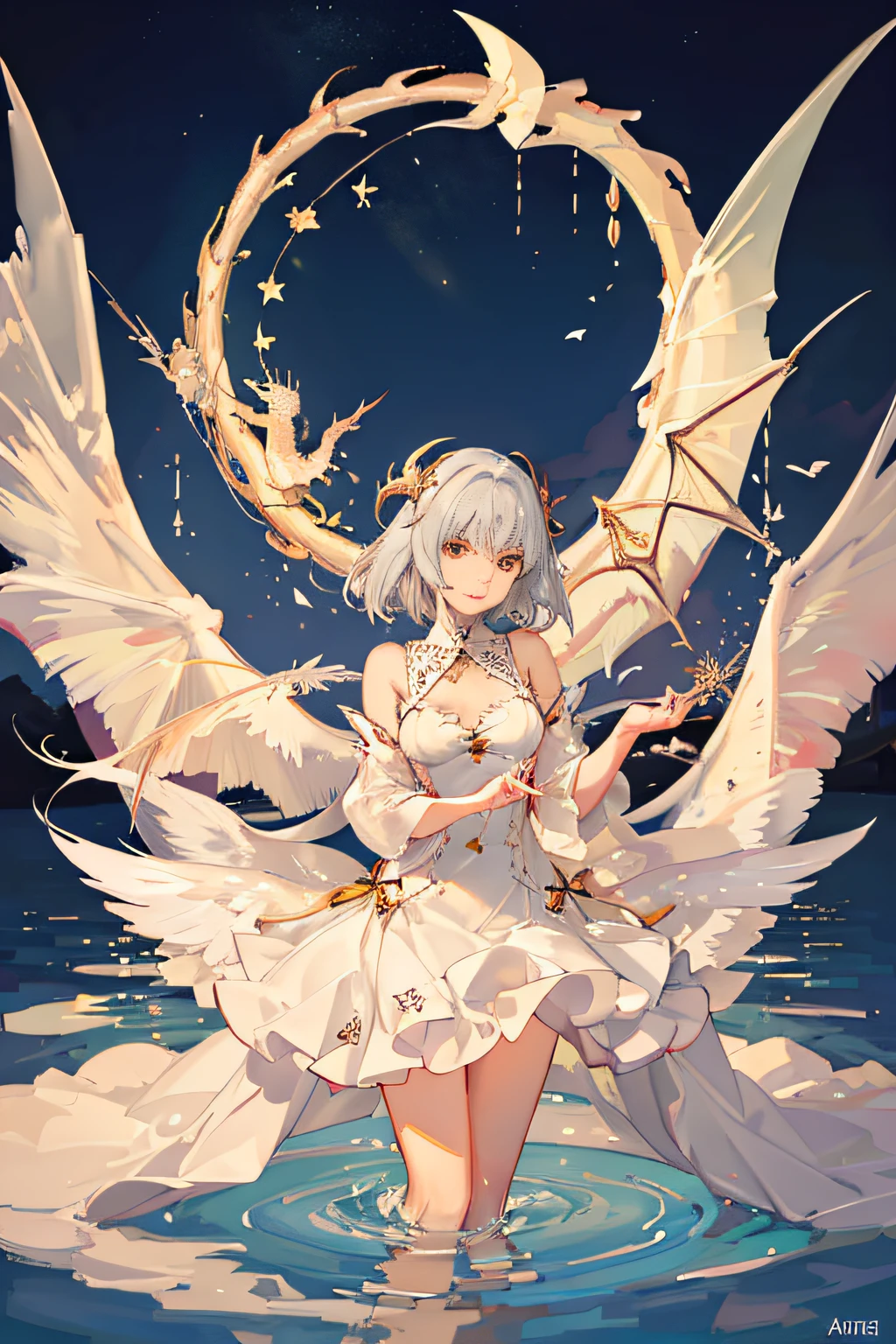 (Sheer and revealing white fluffy outfit:1.3, ),(Angel with glass wings floating on lake:1.3), (Glass Dragon Behind:1.3),Glossy light brown and orange striped shorthair,Cute smile,Perfect round face,A cheerful smile that makes the viewer happy,Proper body proportion,masutepiece,Super high-quality output images,hight resolution,Intricate details,Hair fluttering in a very delicate and beautiful wind,photos realistic,Dreamy,Professional Lighting,realistic shadow,Solo Focus,Beautiful hands,Beautiful fingers,Detailed finger features,detailed clothes features,Detailed hair features,detailed facial features,(Ghibli style:1.3)