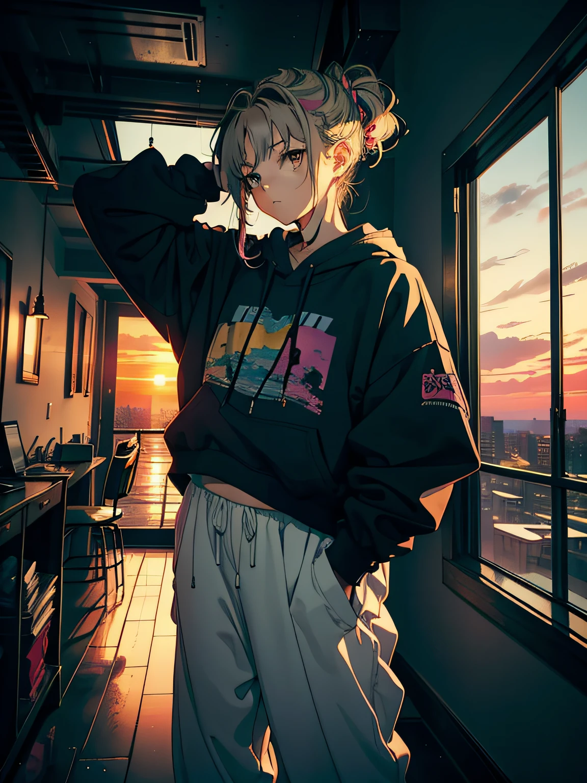 Anime girl with pink hair and black hoodie standing in front of a window SeaArt AI