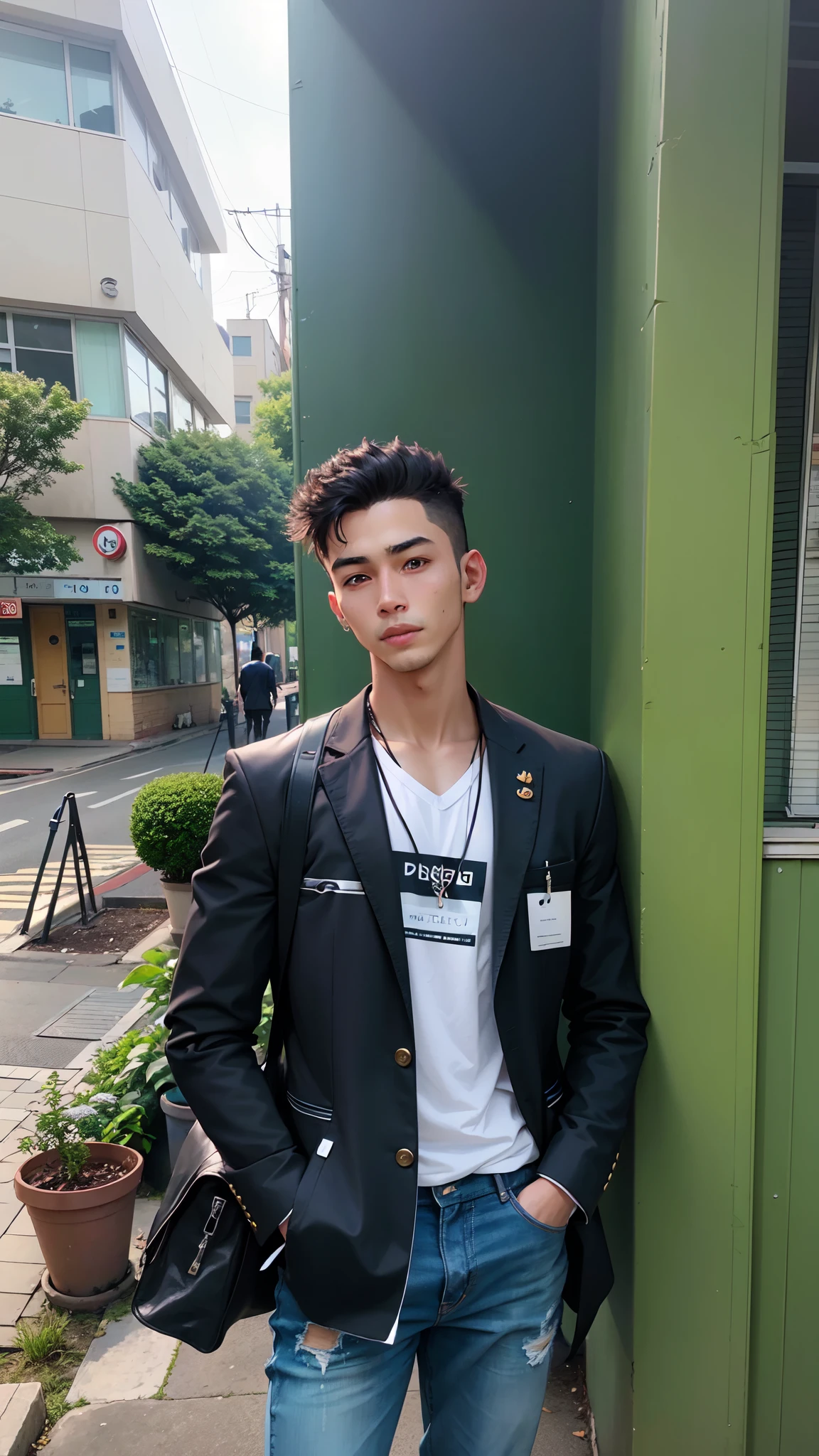 1 young man, arafed standing in front of a green building with a black jacket, handsome